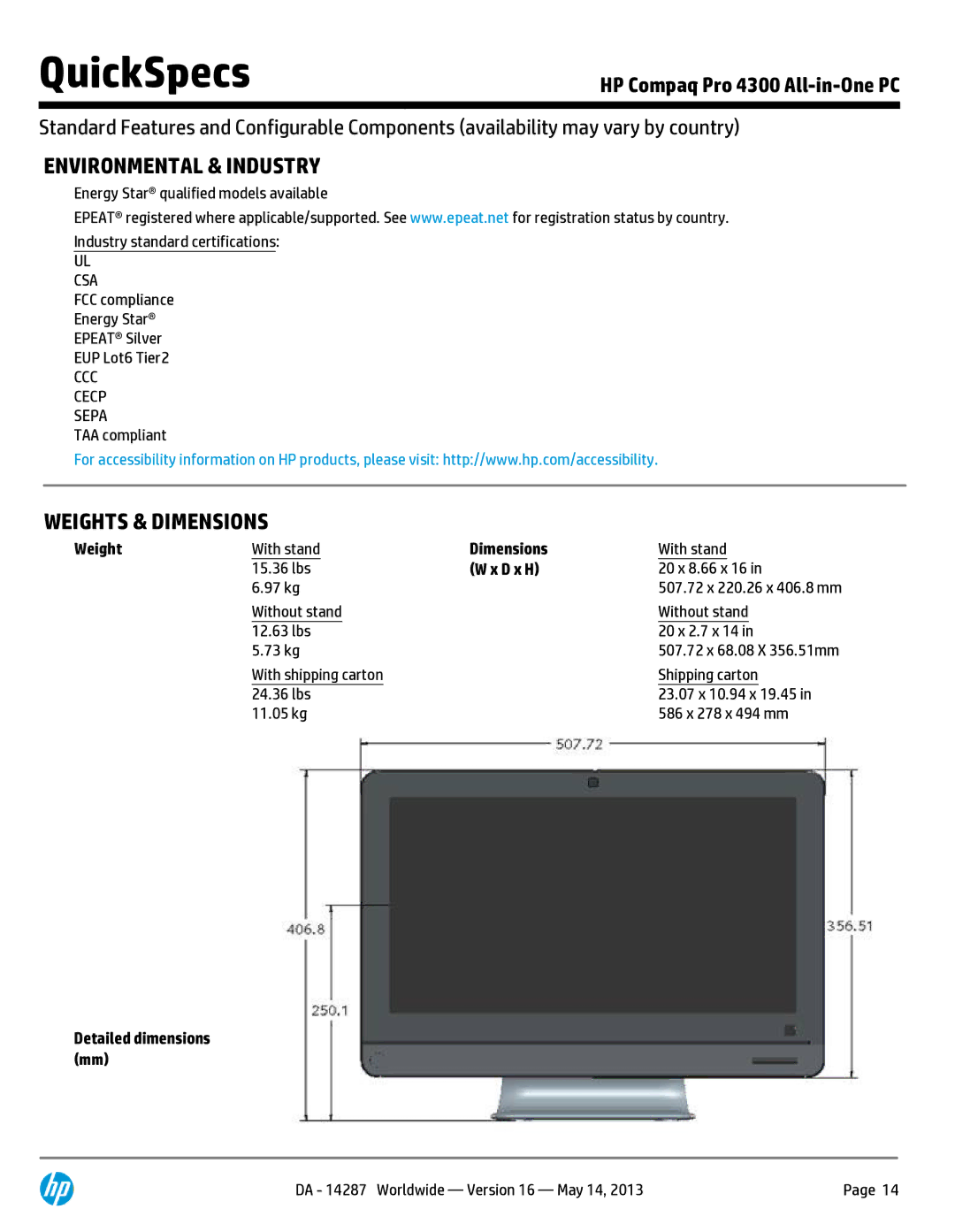 Compaq 4300 manual Environmental & Industry, Weights & Dimensions 