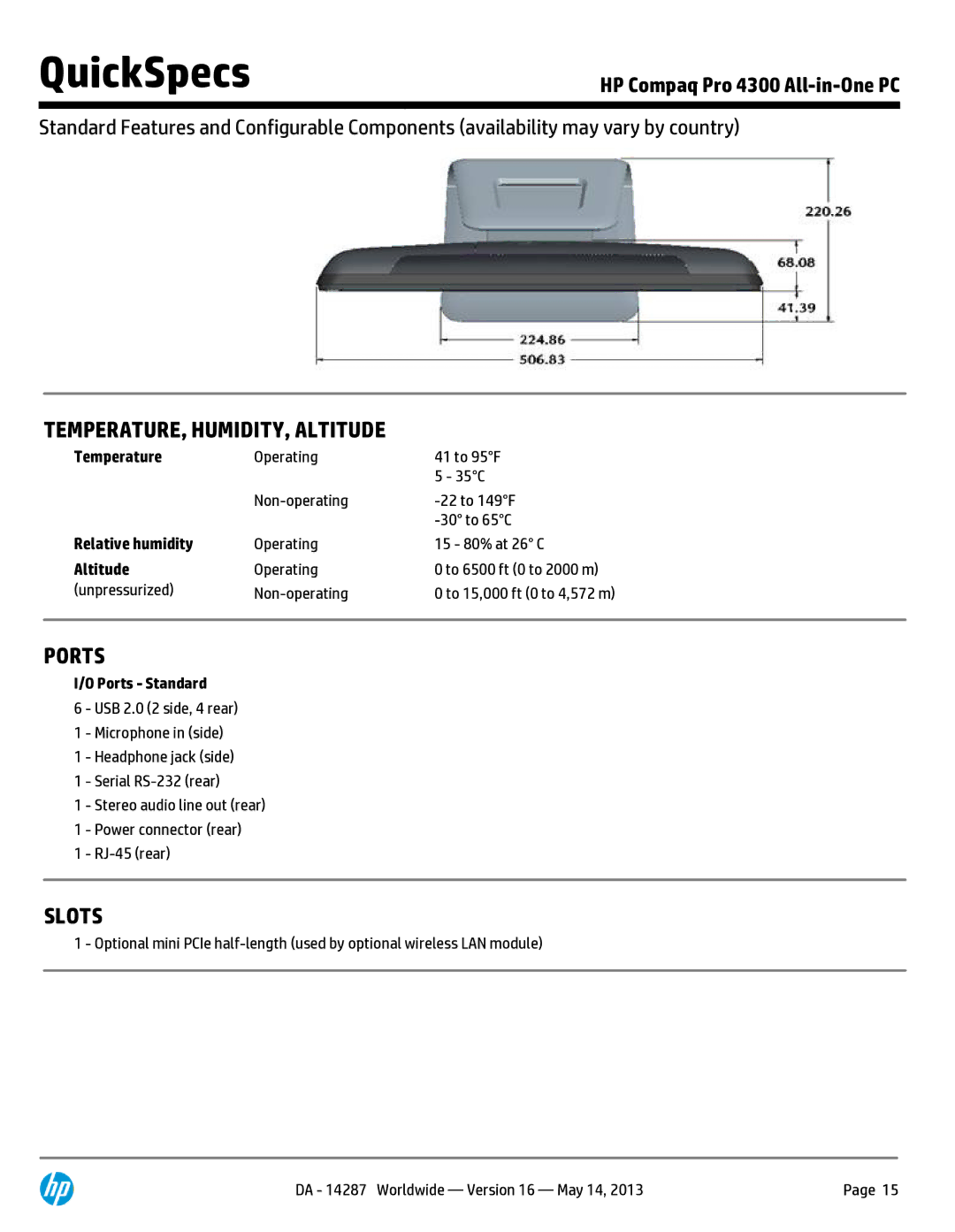 Compaq 4300 manual TEMPERATURE, HUMIDITY, Altitude, Ports, Slots 