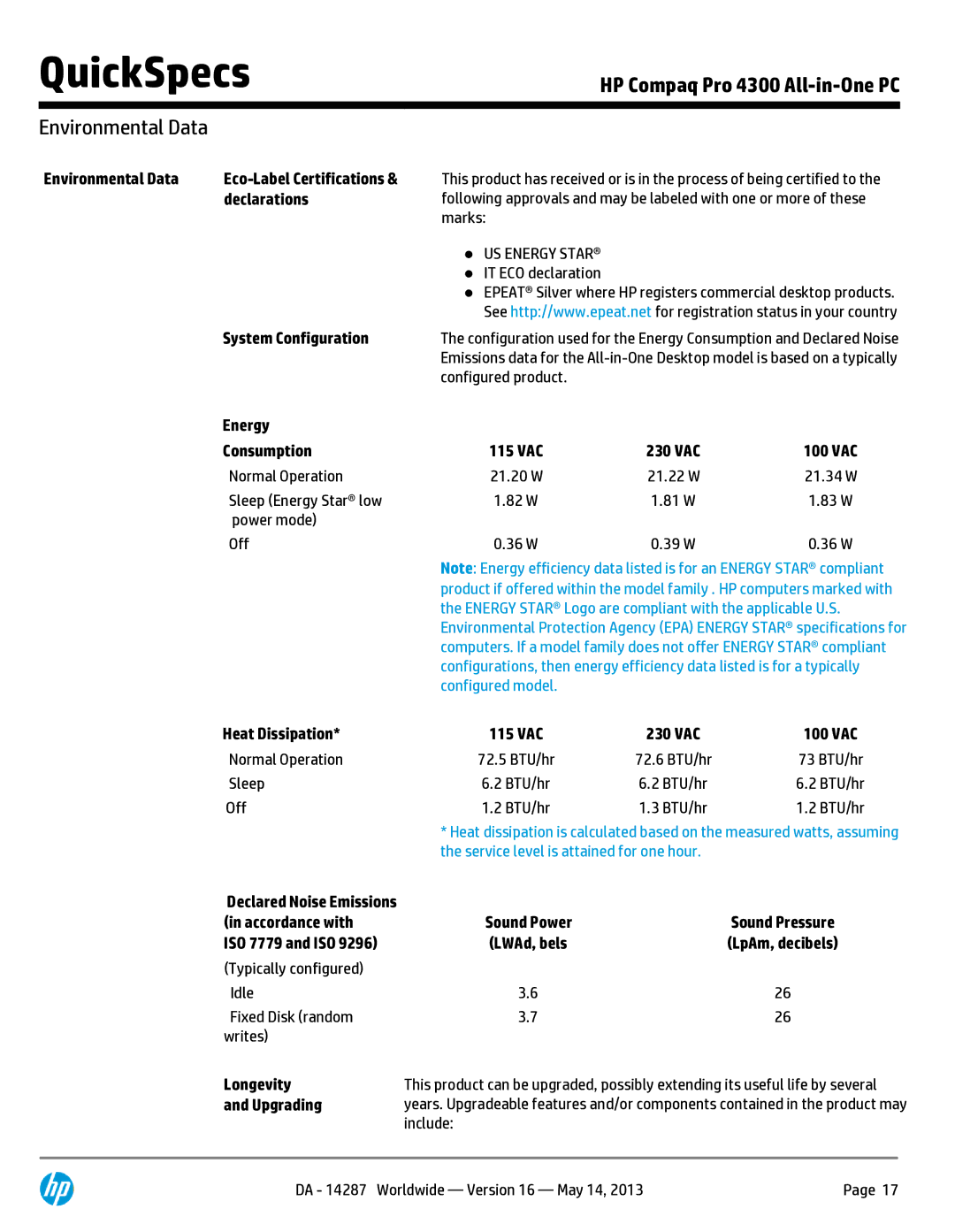 Compaq 4300 Environmental Data Eco-Label Certifications, Declarations, System Configuration, Energy Consumption, Longevity 