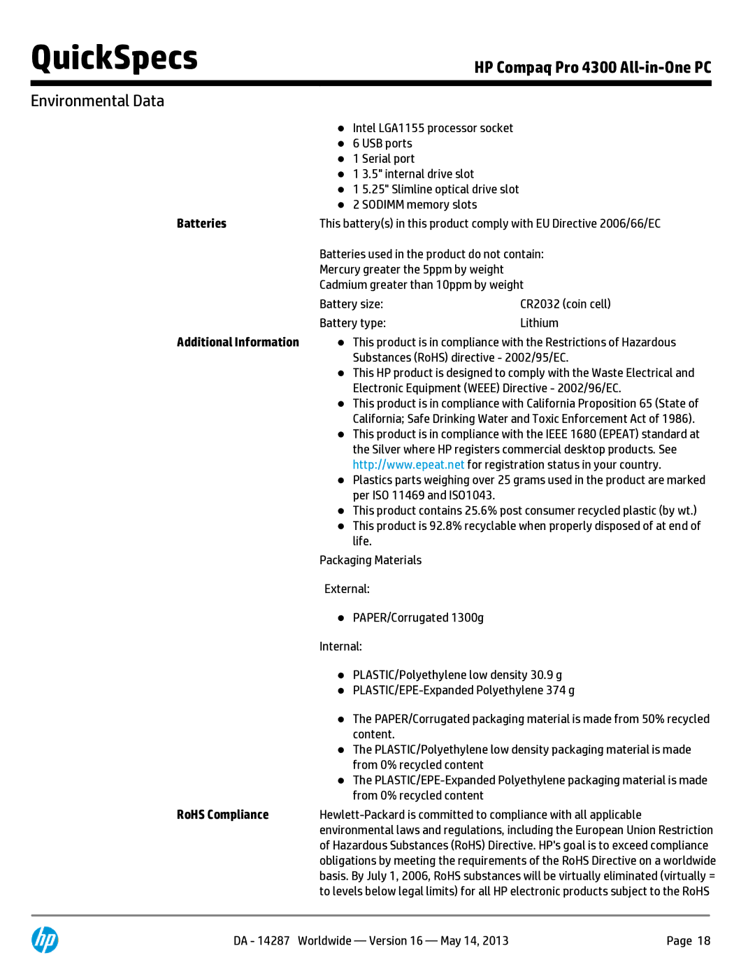 Compaq 4300 manual Batteries, Additional Information, RoHS Compliance 