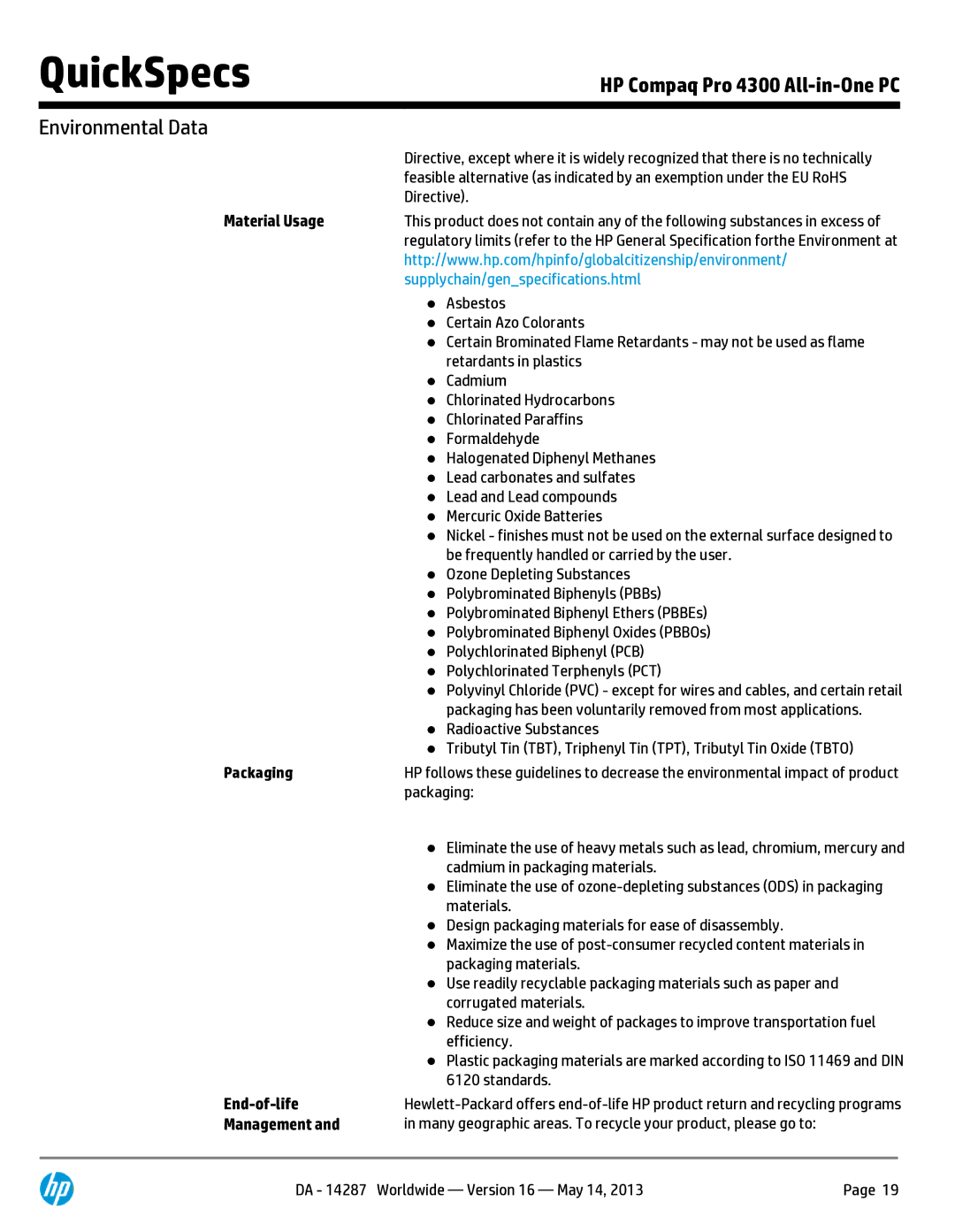 Compaq 4300 manual Material Usage, Supplychain/genspecifications.html, Packaging, End-of-life, Management 