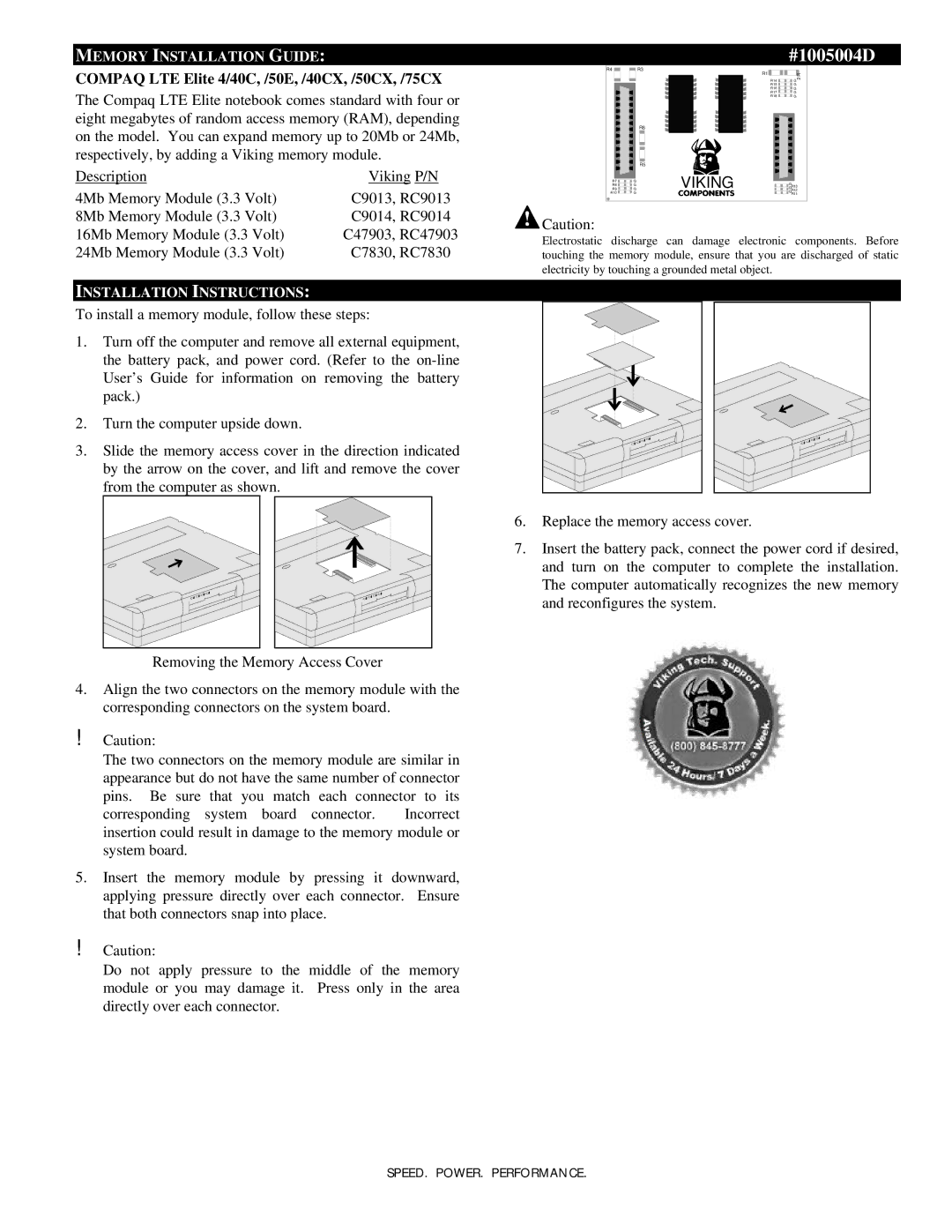 Compaq installation instructions #1005004D, Compaq LTE Elite 4/40C, /50E, /40CX, /50CX, /75CX, Viking 