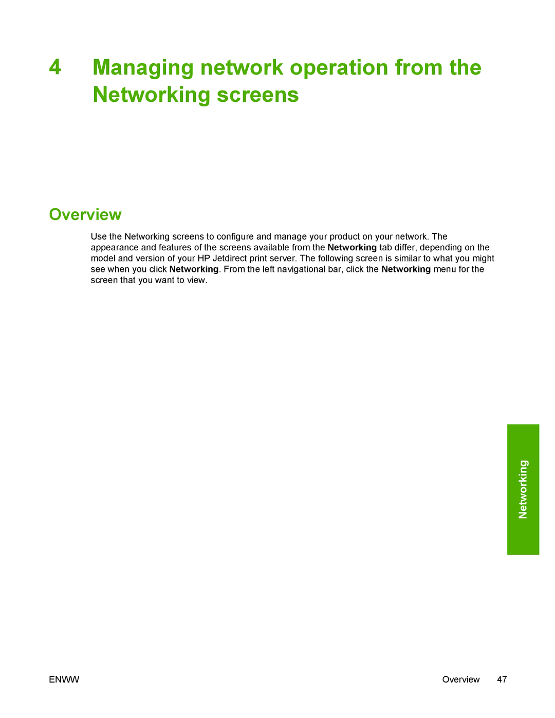 Compaq 4700 HP manual Managing network operation from the Networking screens, Overview 