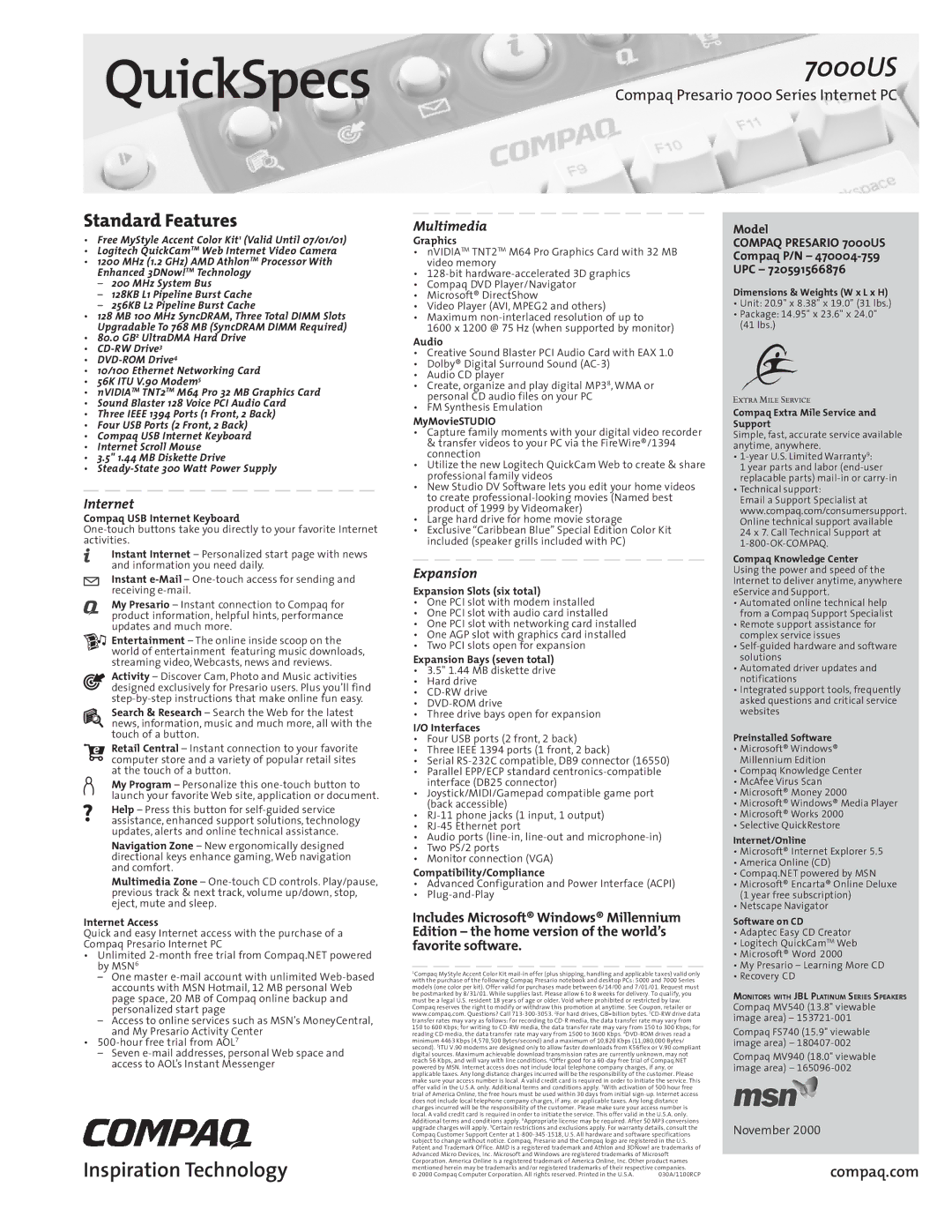 Compaq 470004-759 dimensions QuickSpecs, 7000US, Inspiration Technology, Standard Features 