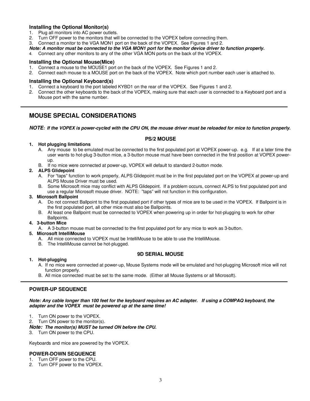 Compaq 4KVMM manual Mouse Special Considerations, PS/2 Mouse, 9D Serial Mouse, POWER-UP Sequence, POWER-DOWN Sequence 