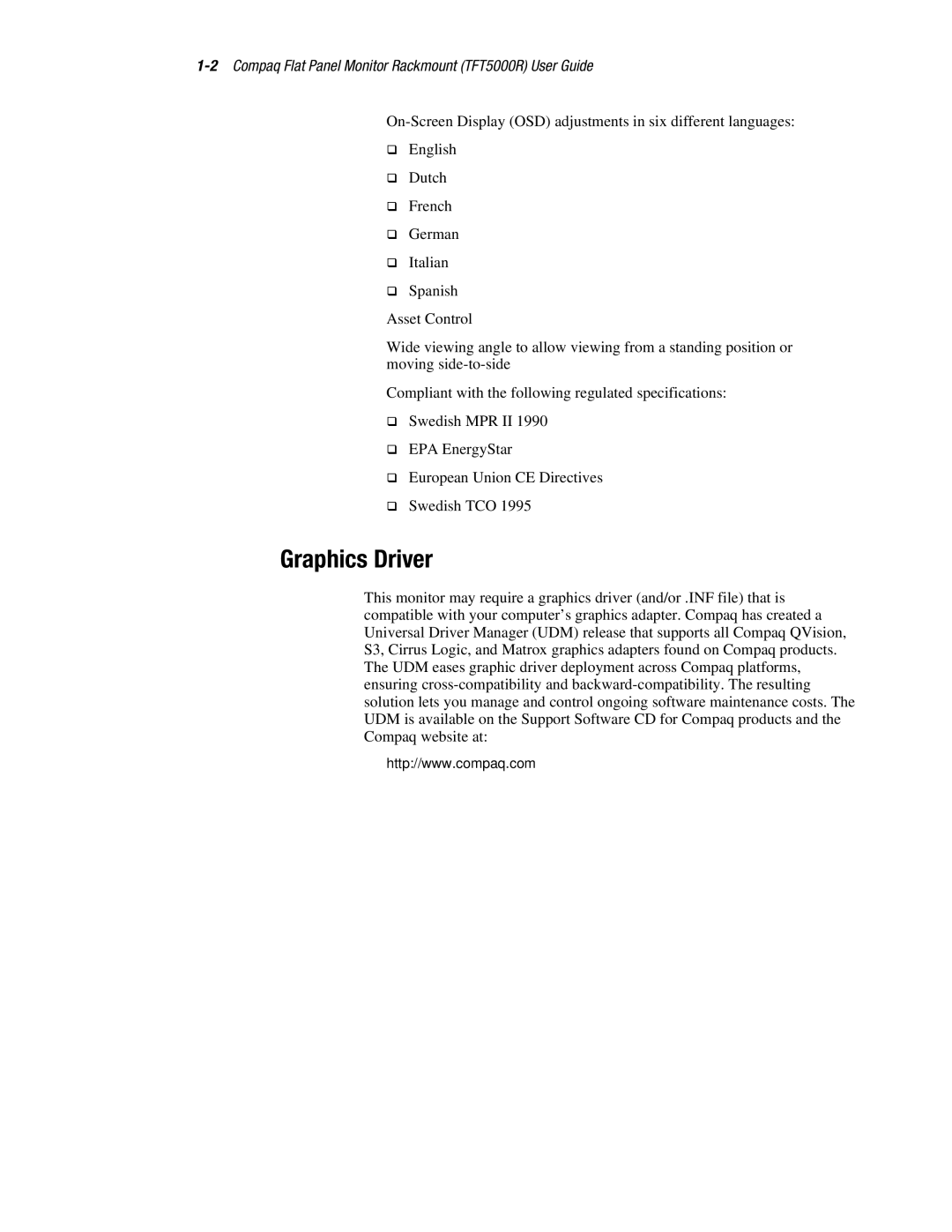 Compaq manual Graphics Driver, 2Compaq Flat Panel Monitor Rackmount TFT5000R User Guide 