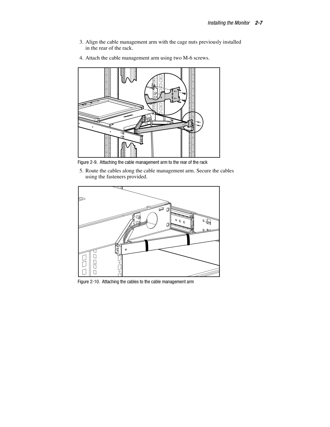 Compaq 5000R manual Attaching the cable management arm to the rear of the rack 