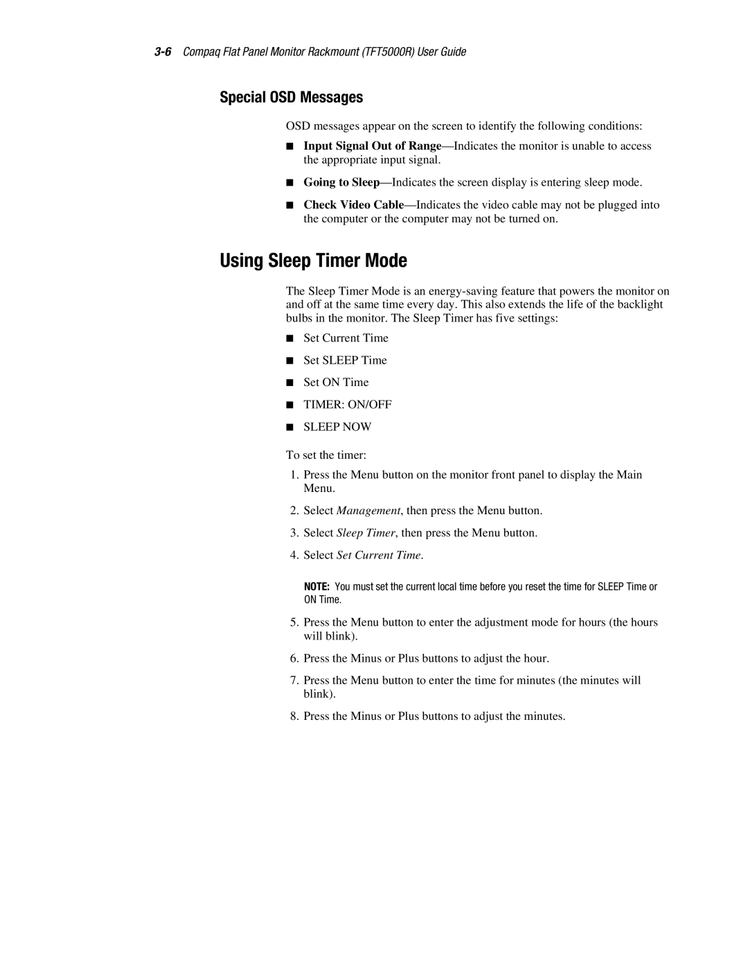 Compaq 5000R manual Using Sleep Timer Mode, Special OSD Messages 