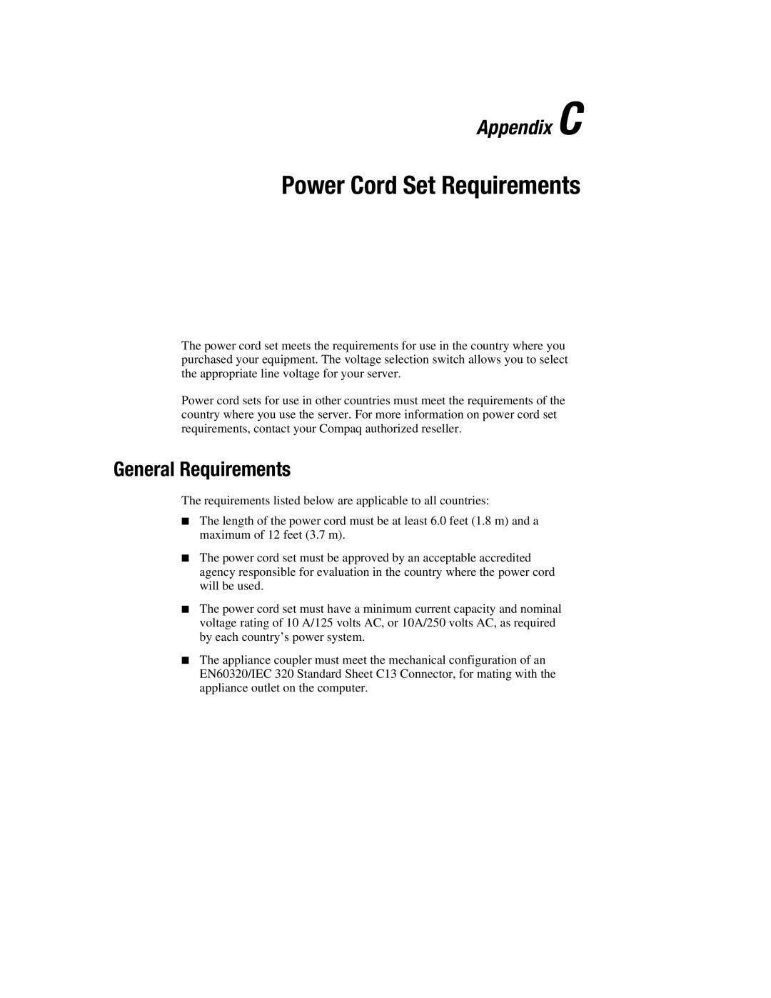 Compaq 5000R manual Power Cord Set Requirements, General Requirements 