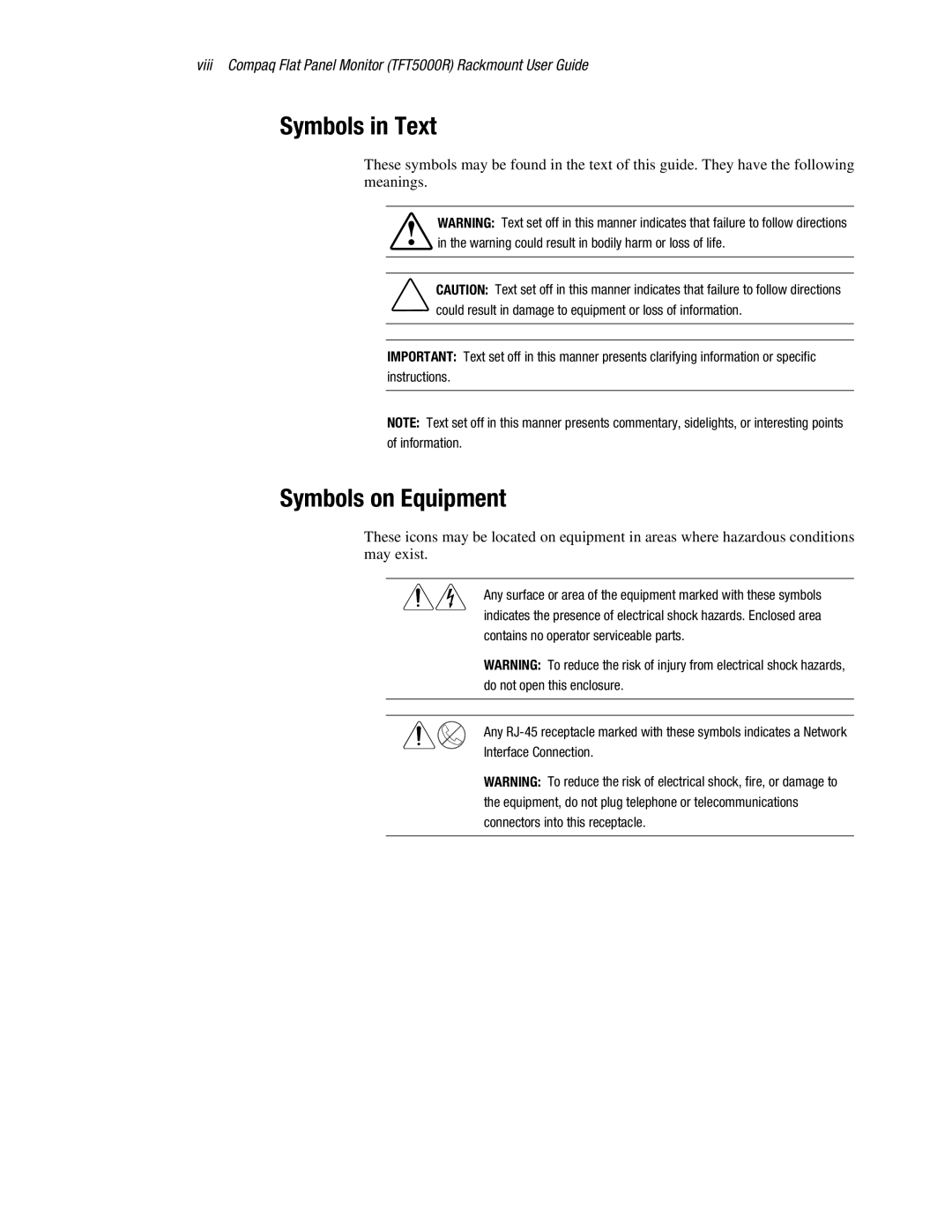 Compaq 5000R manual Symbols in Text, Symbols on Equipment 