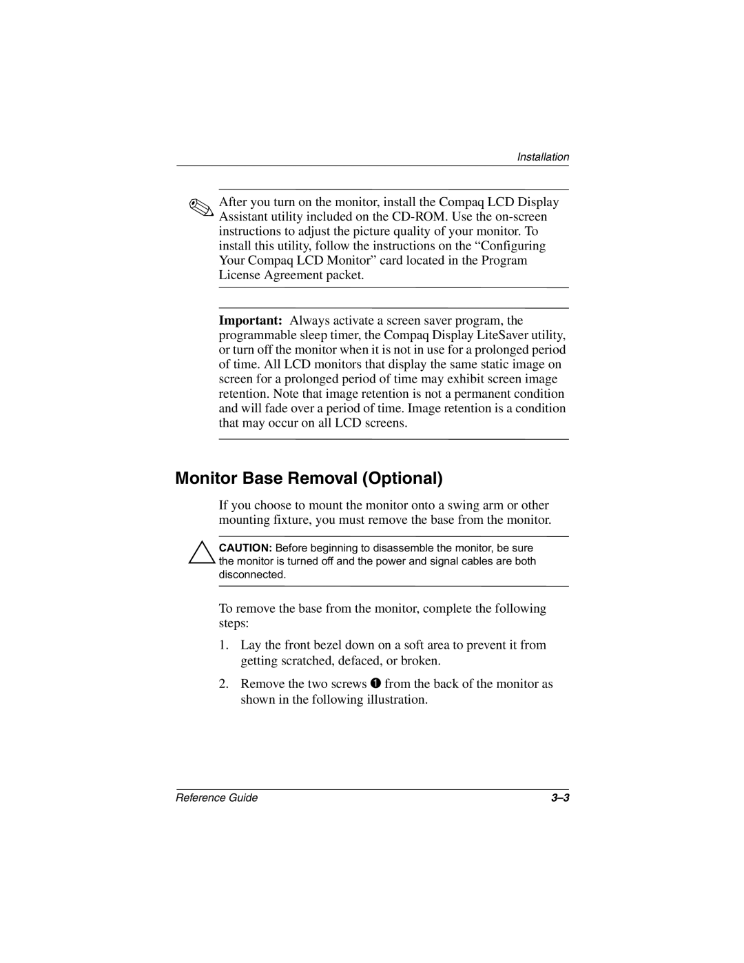 Compaq 5017 manual Monitor Base Removal Optional 