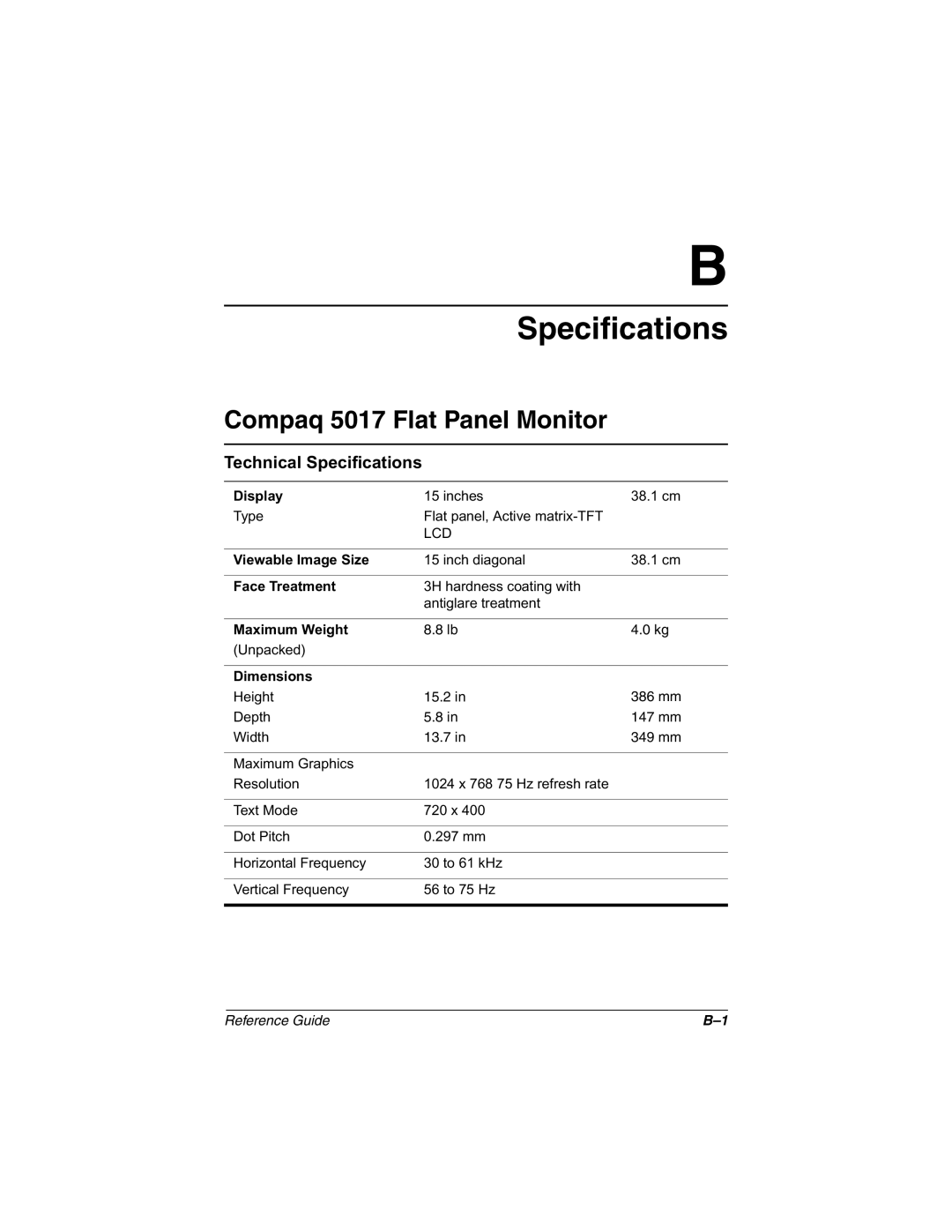 Compaq manual Specifications, Compaq 5017 Flat Panel Monitor 