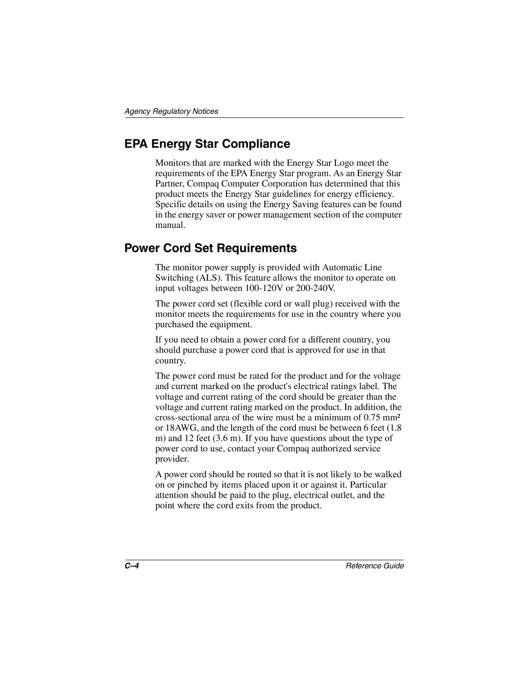 Compaq 5017 manual EPA Energy Star Compliance, Power Cord Set Requirements 