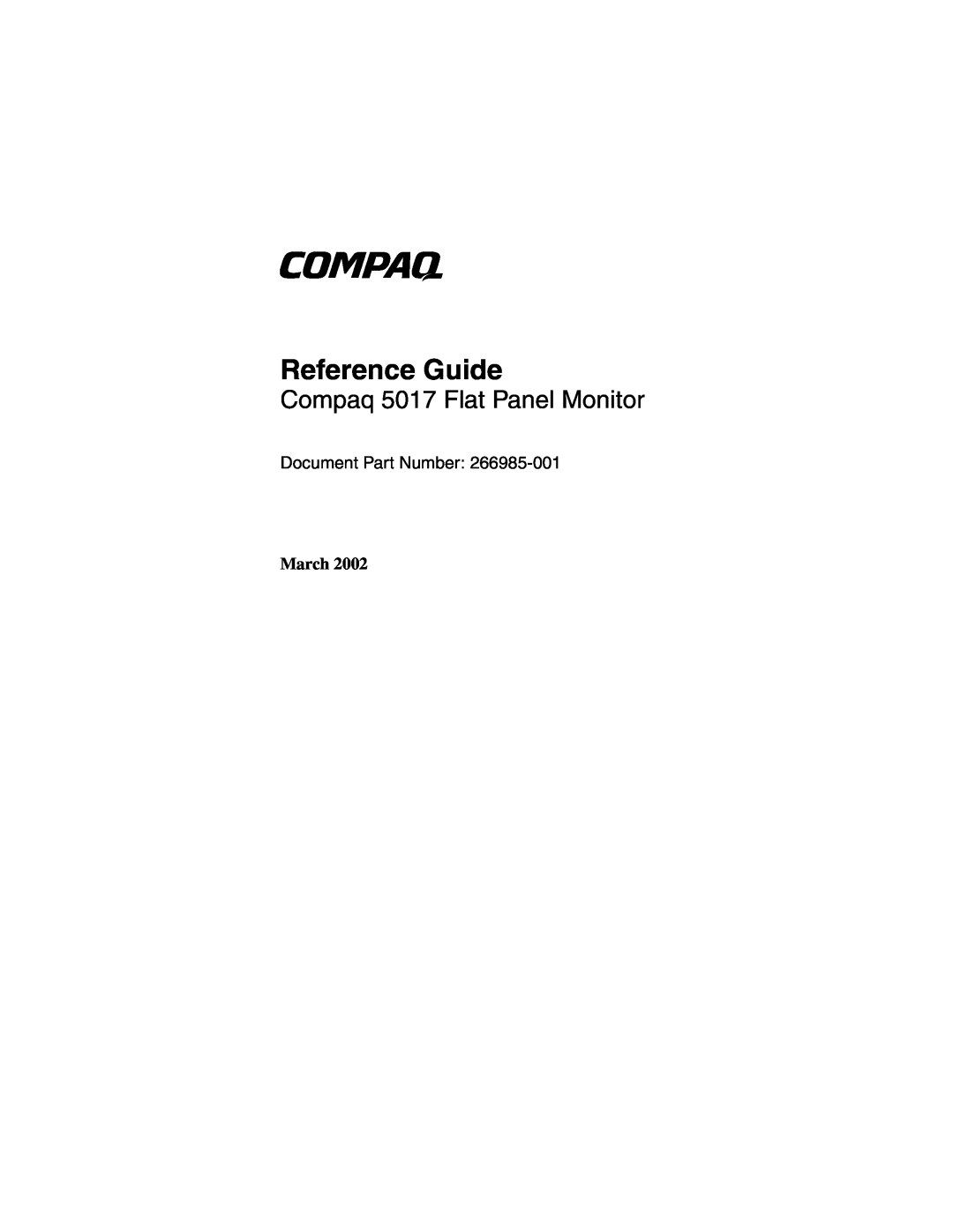 Compaq manual March, Reference Guide, Compaq 5017 Flat Panel Monitor, Document Part Number 