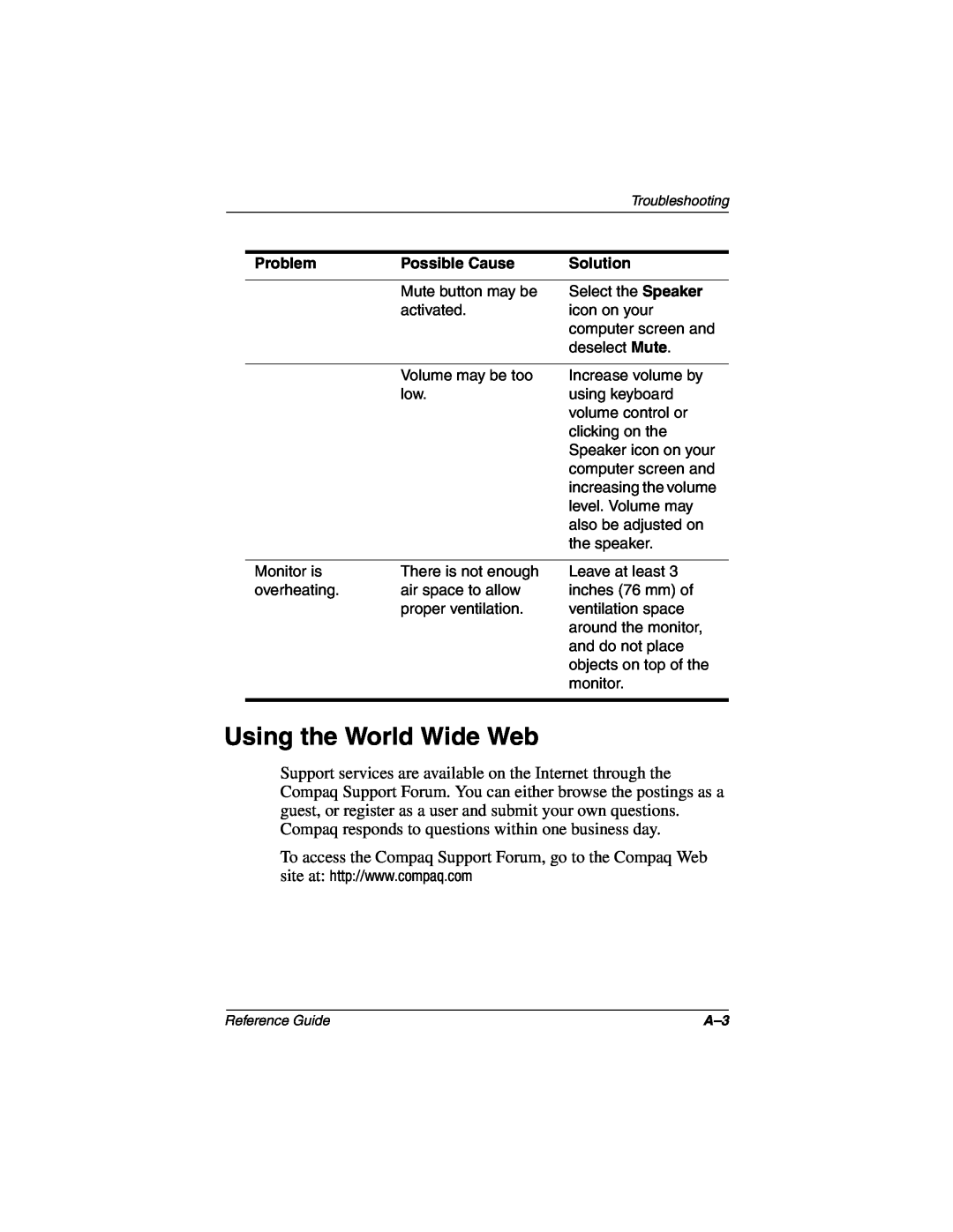 Compaq 5017 manual Using the World Wide Web, Problem, Possible Cause, Solution 