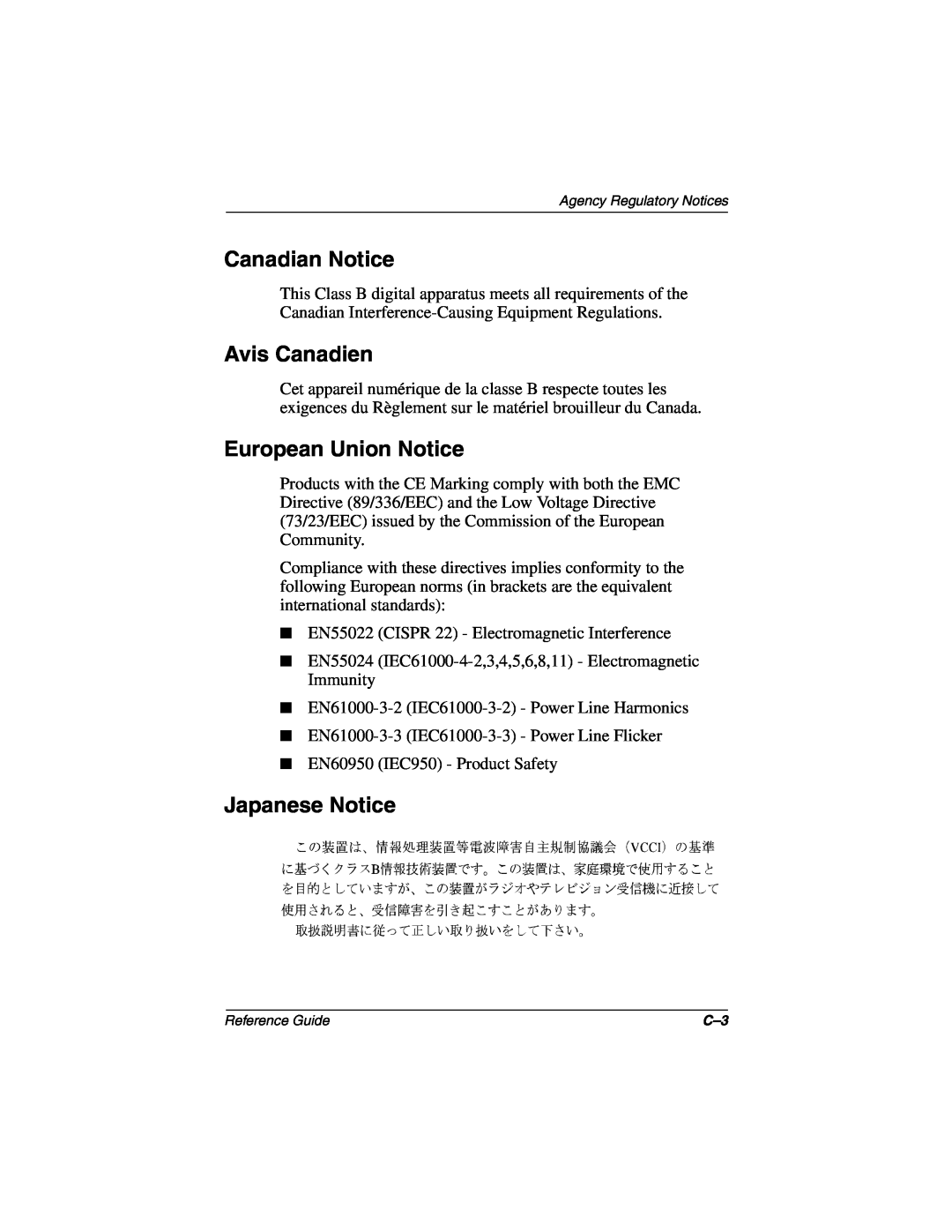 Compaq 5017 manual Canadian Notice, Avis Canadien, European Union Notice, Japanese Notice 