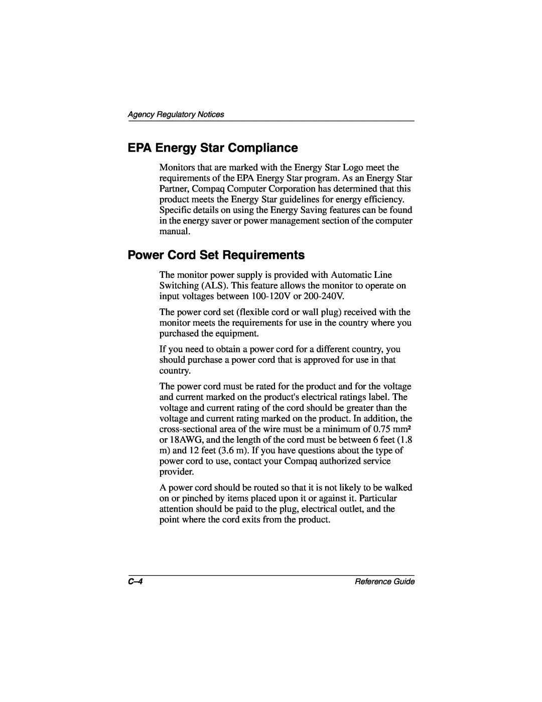 Compaq 5017 manual EPA Energy Star Compliance, Power Cord Set Requirements 