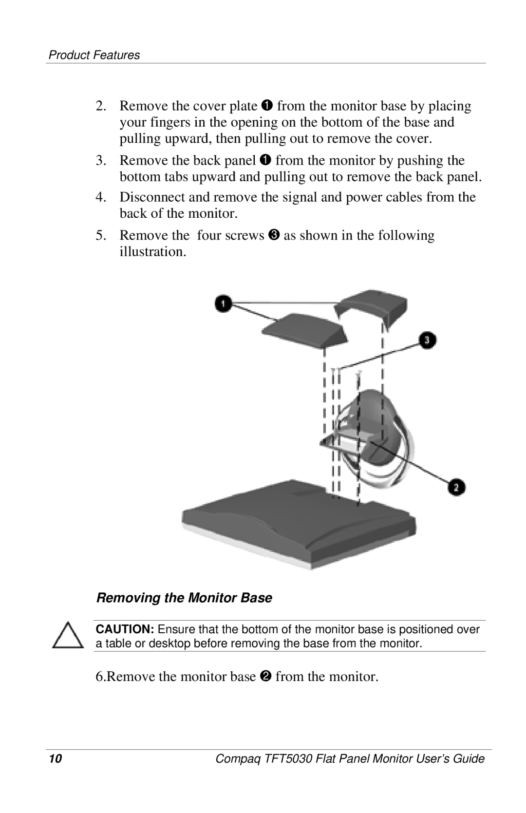 Compaq 5030 manual Remove the monitor base 2 from the monitor 