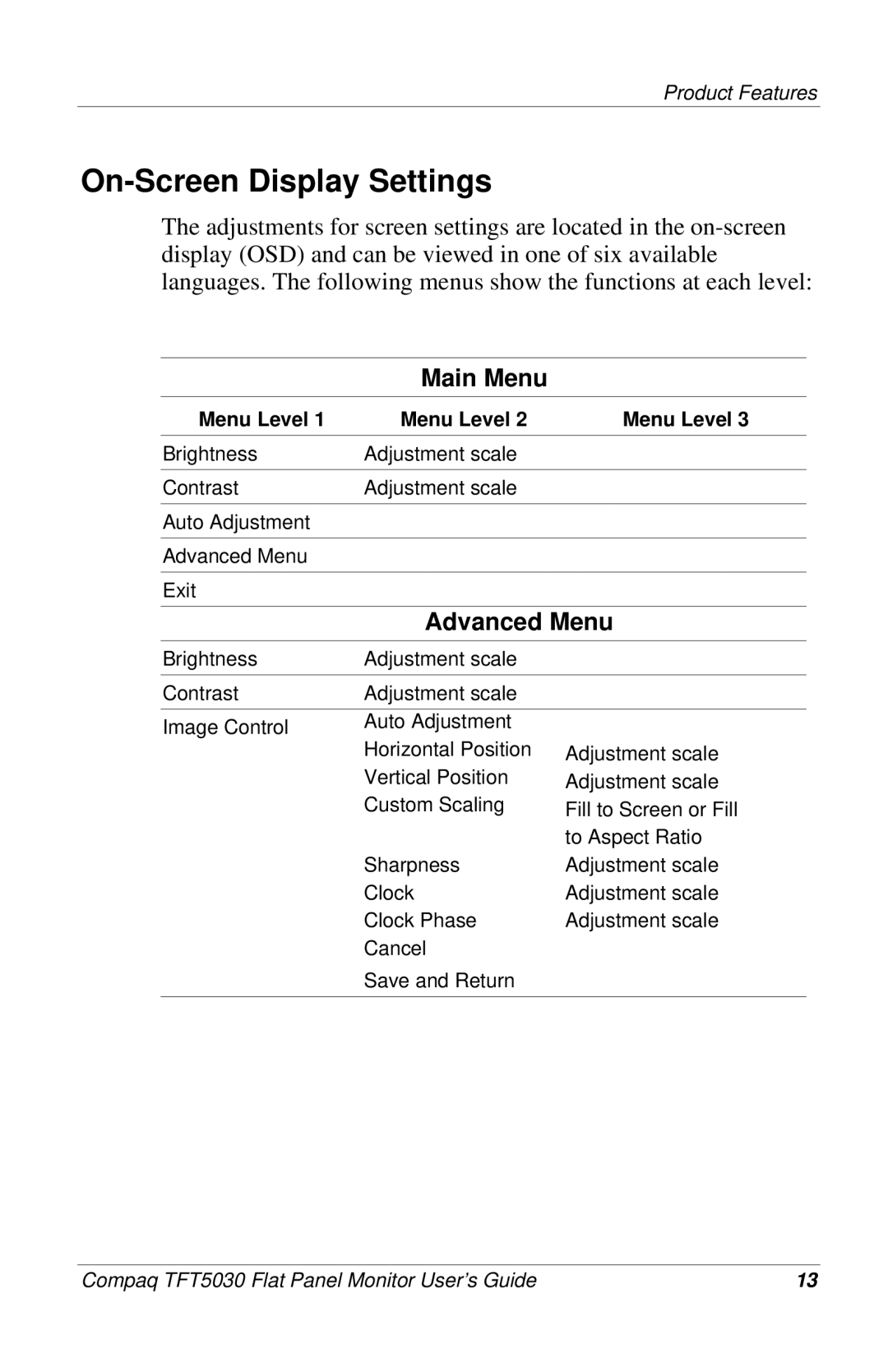 Compaq 5030 manual On-Screen Display Settings, Advanced Menu 