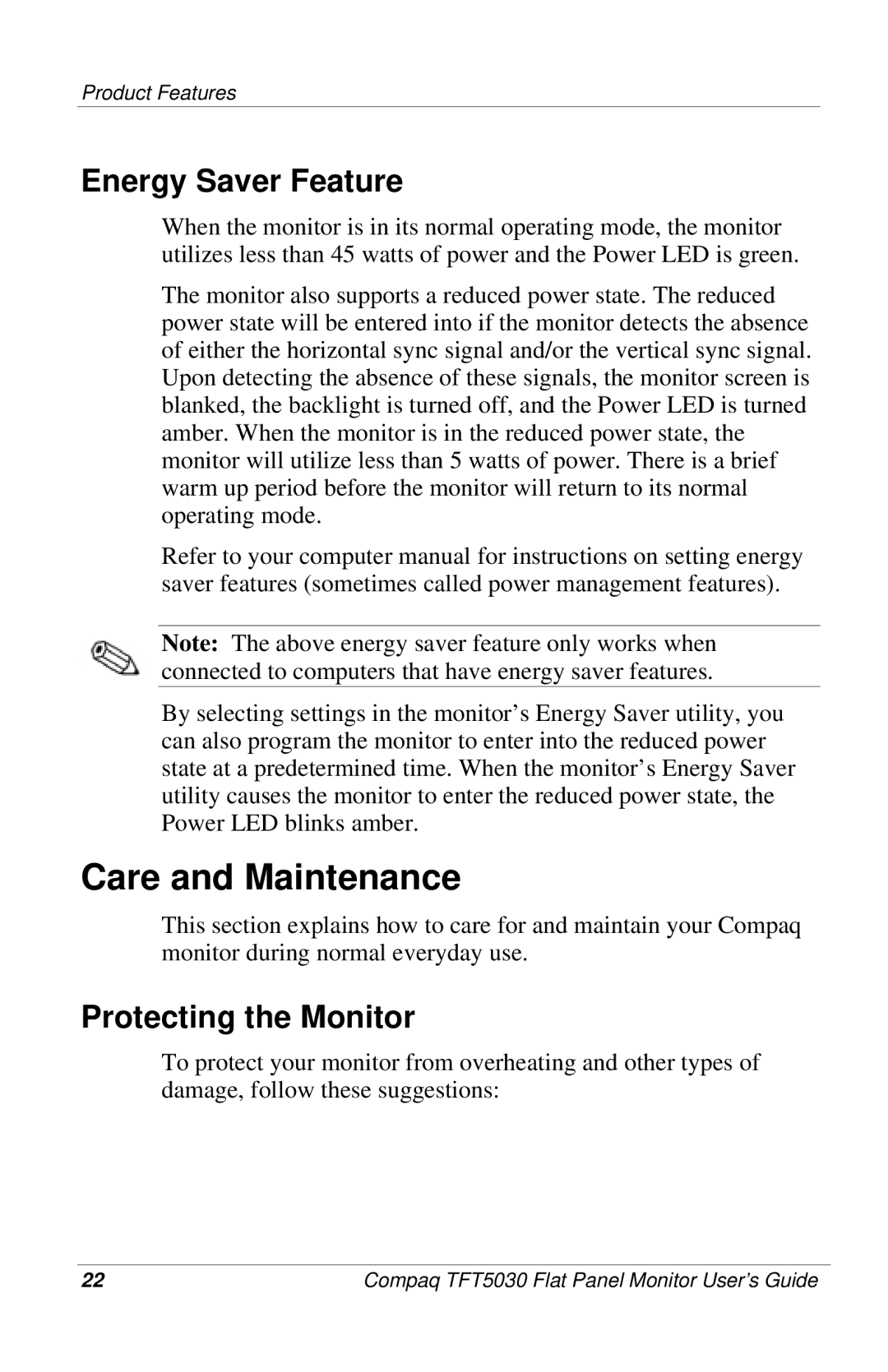 Compaq 5030 manual Care and Maintenance, Energy Saver Feature, Protecting the Monitor 