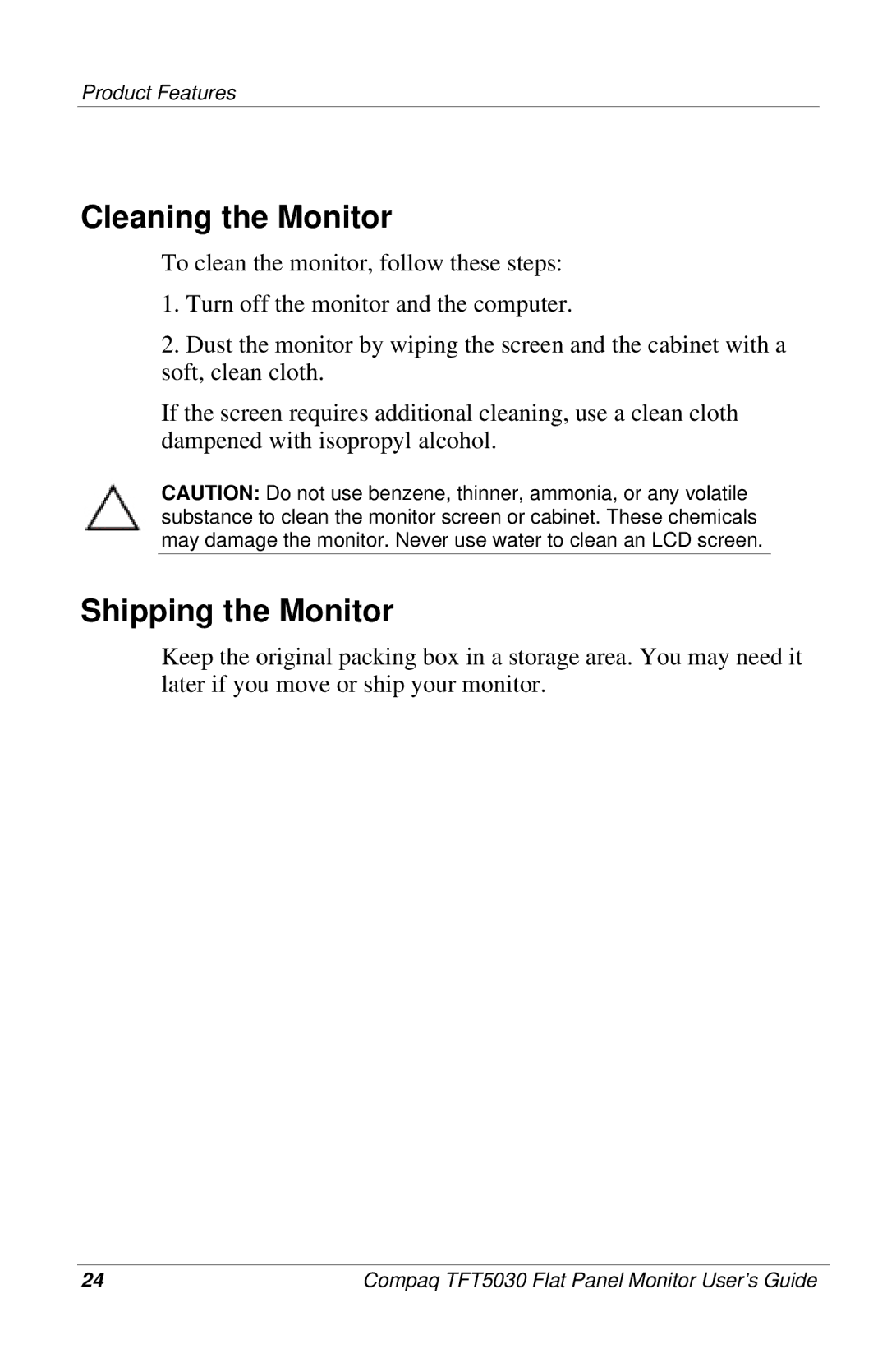 Compaq 5030 manual Cleaning the Monitor, Shipping the Monitor 