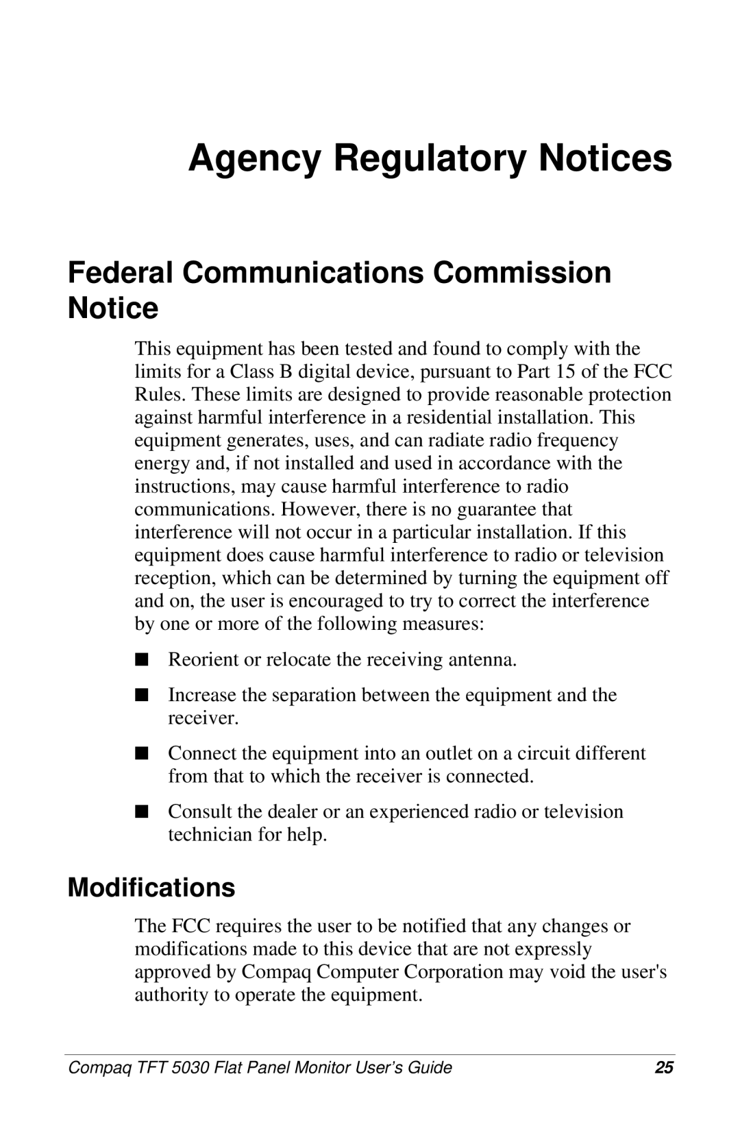 Compaq 5030 manual Federal Communications Commission Notice, Modifications 