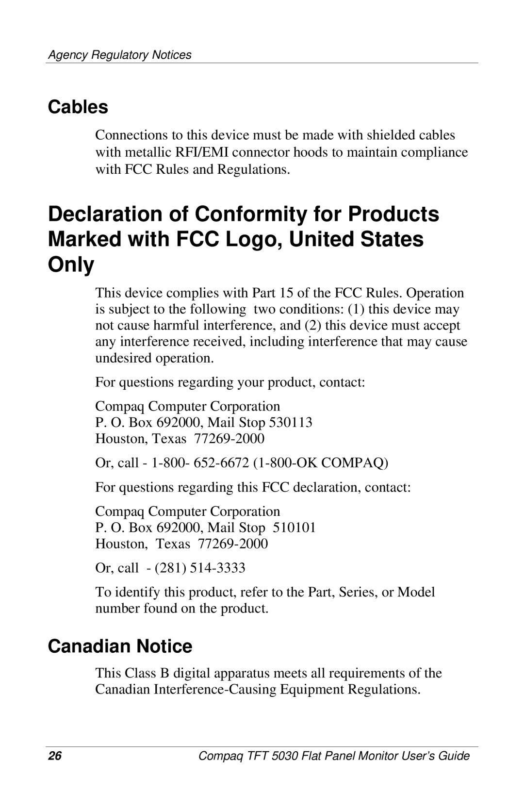 Compaq 5030 manual Cables, Canadian Notice 