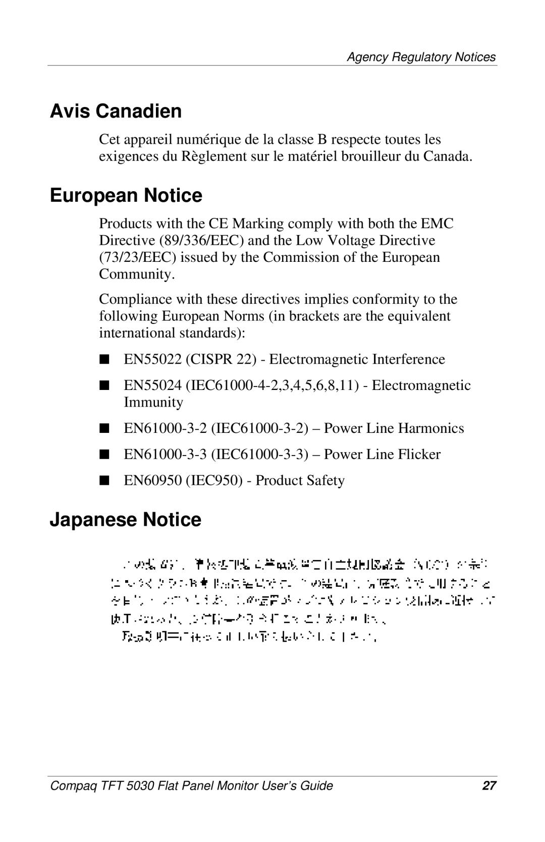 Compaq 5030 manual Avis Canadien, European Notice, Japanese Notice 