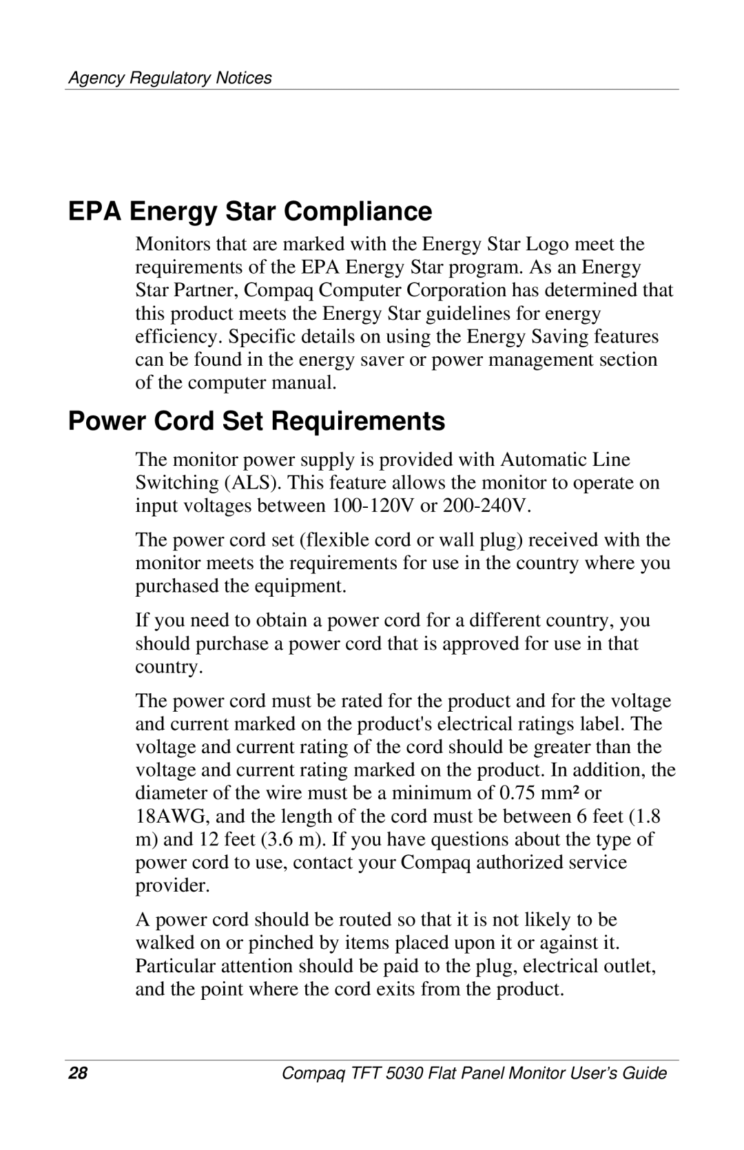 Compaq 5030 manual EPA Energy Star Compliance, Power Cord Set Requirements 