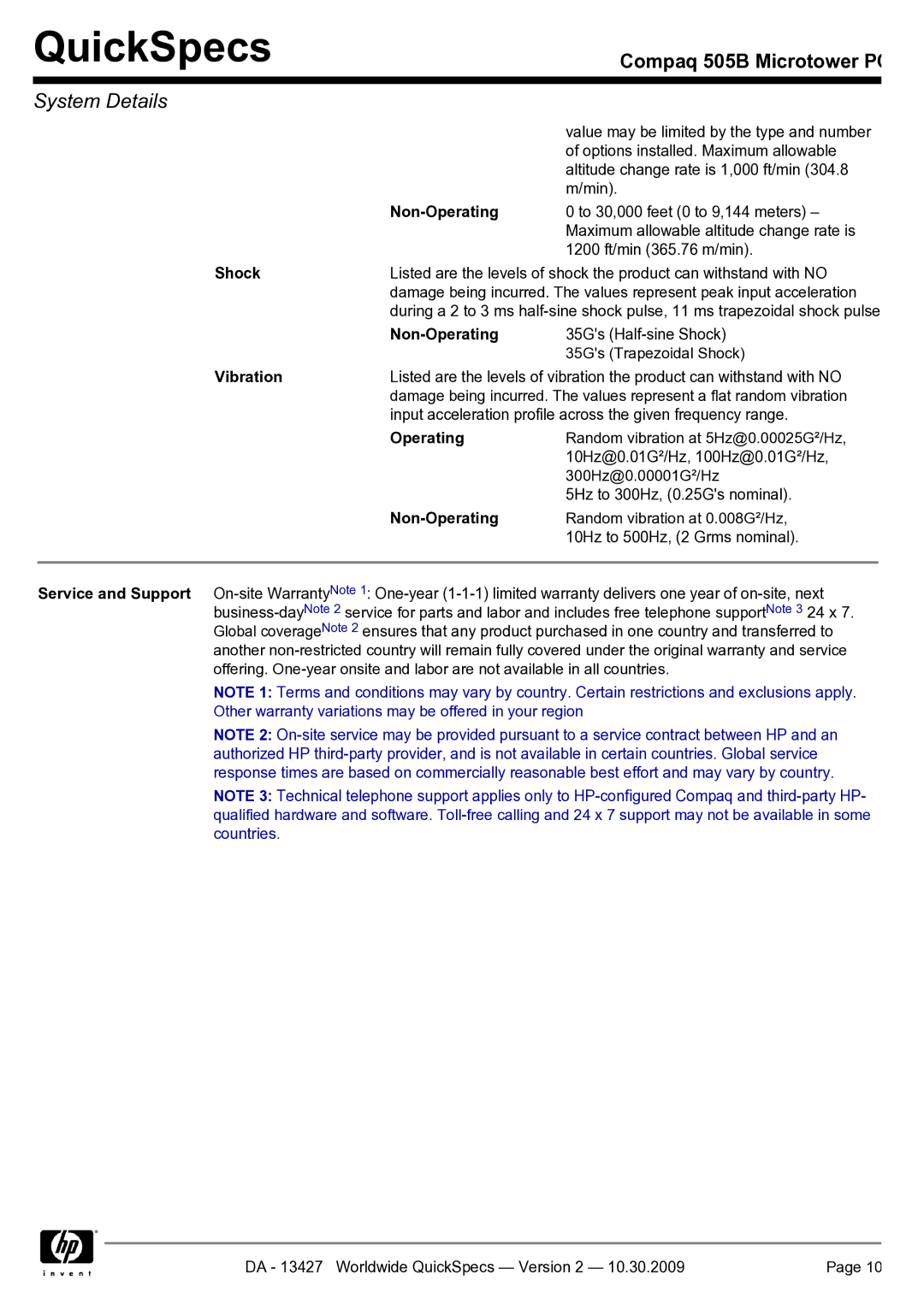 Compaq 505B manual Shock, Vibration 