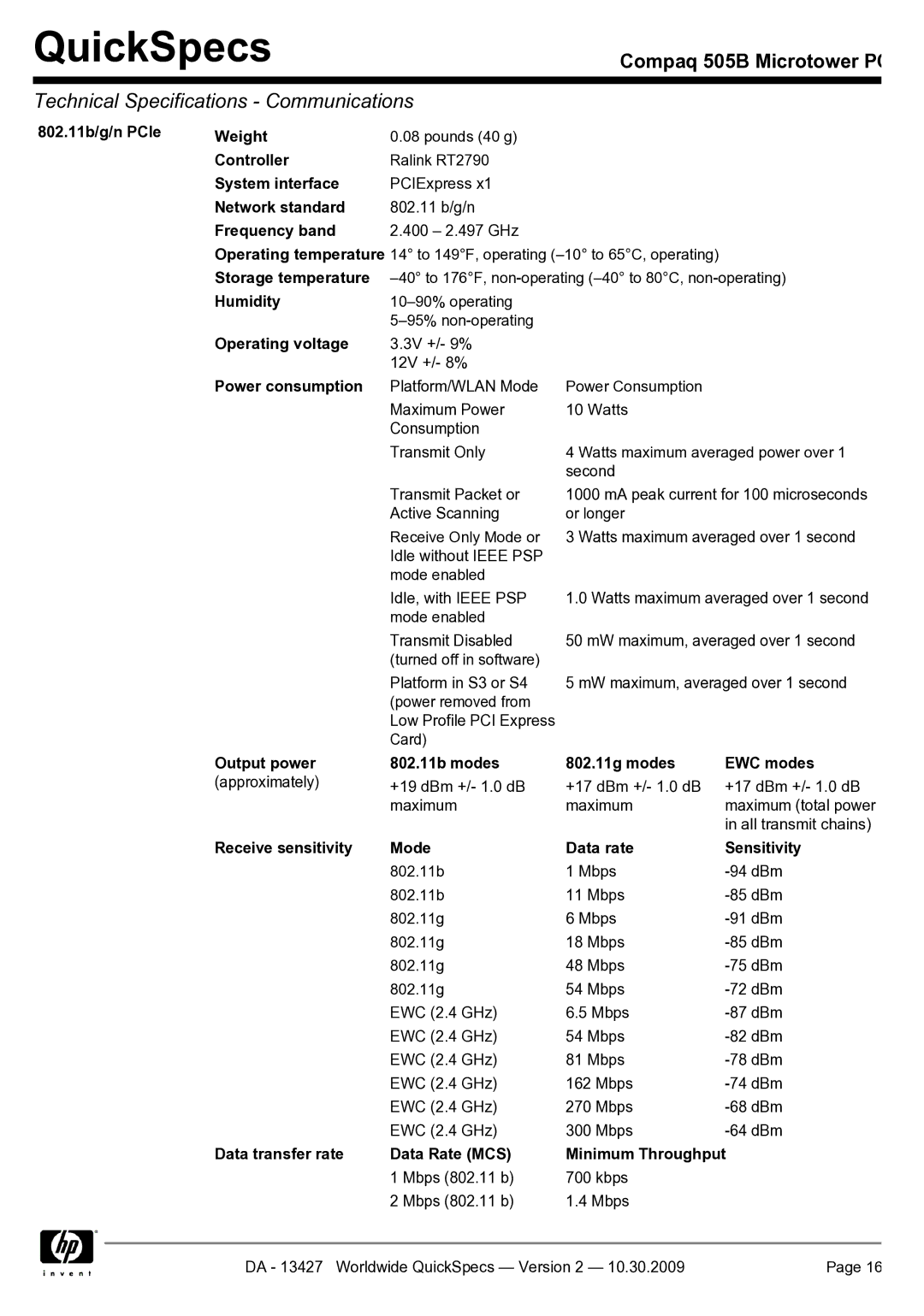 Compaq 505B 802.11b/g/n PCIe Weight, System interface, Network standard, Frequency band, Storage temperature, Humidity 