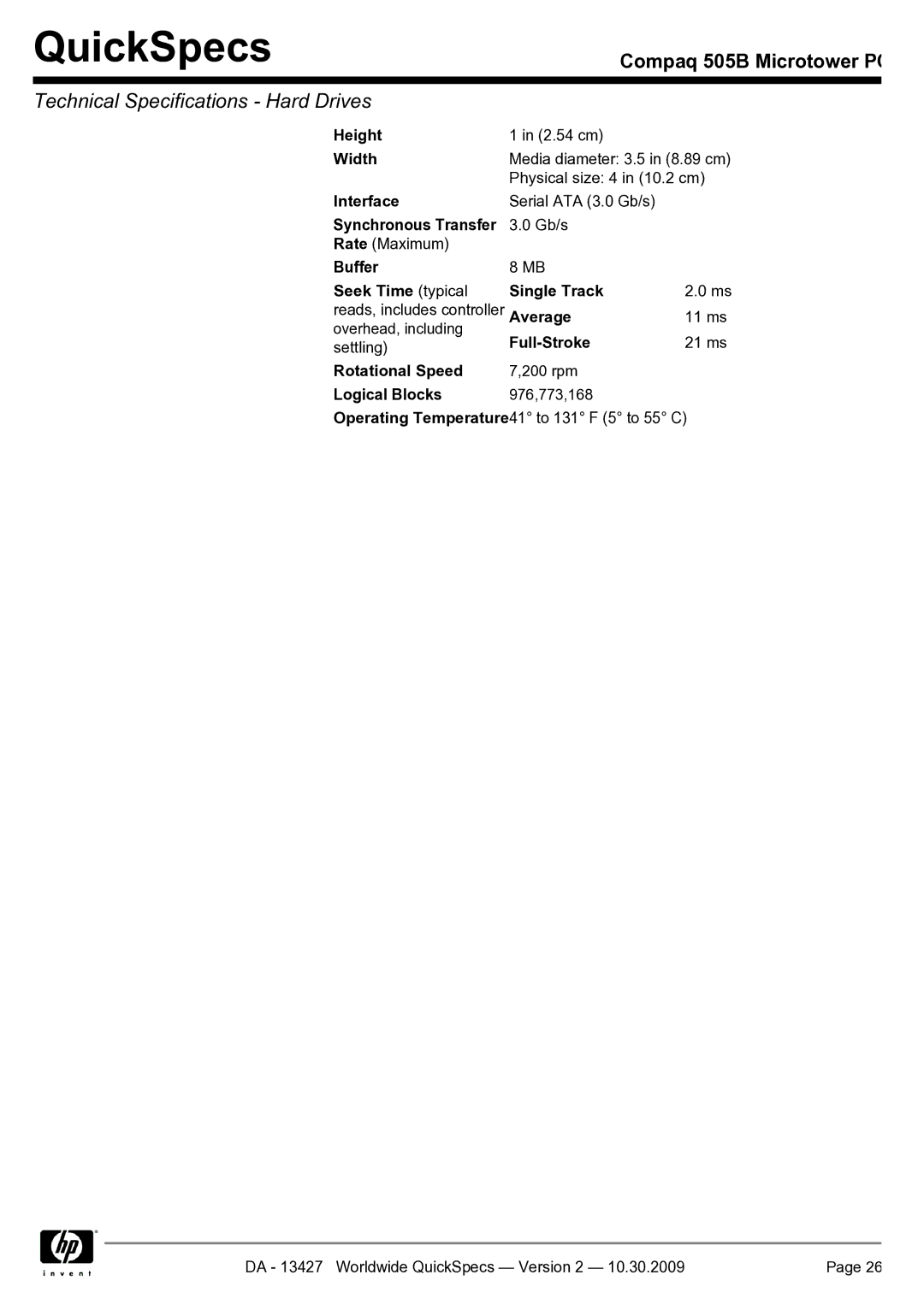 Compaq 505B manual QuickSpecs 