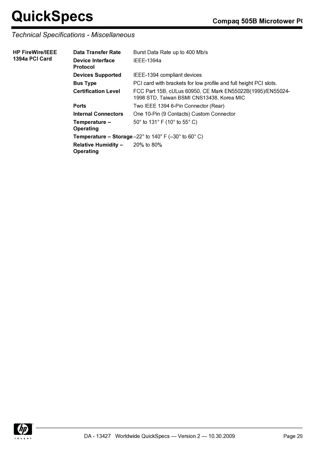 Compaq 505B manual Technical Specifications Miscellaneous 