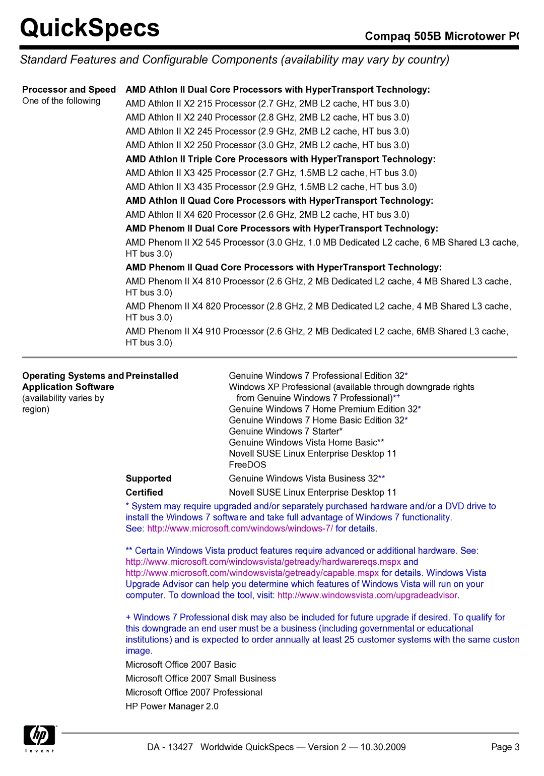 Compaq 505B manual Processor and Speed, Operating Systems and Preinstalled, Application Software, Supported, Certified 