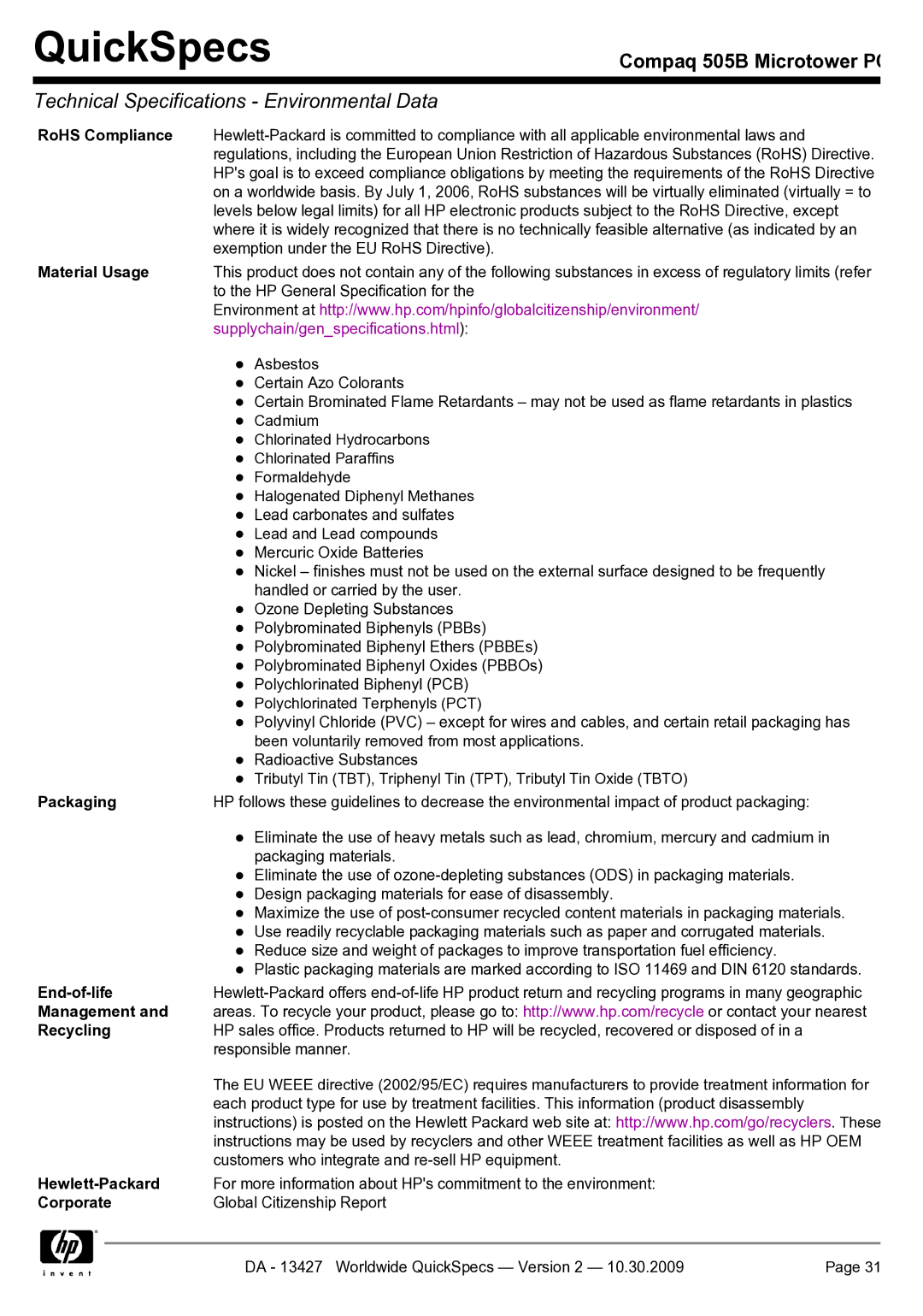 Compaq 505B RoHS Compliance, Material Usage, Packaging, End-of-life, Management Recycling, Hewlett-Packard, Corporate 