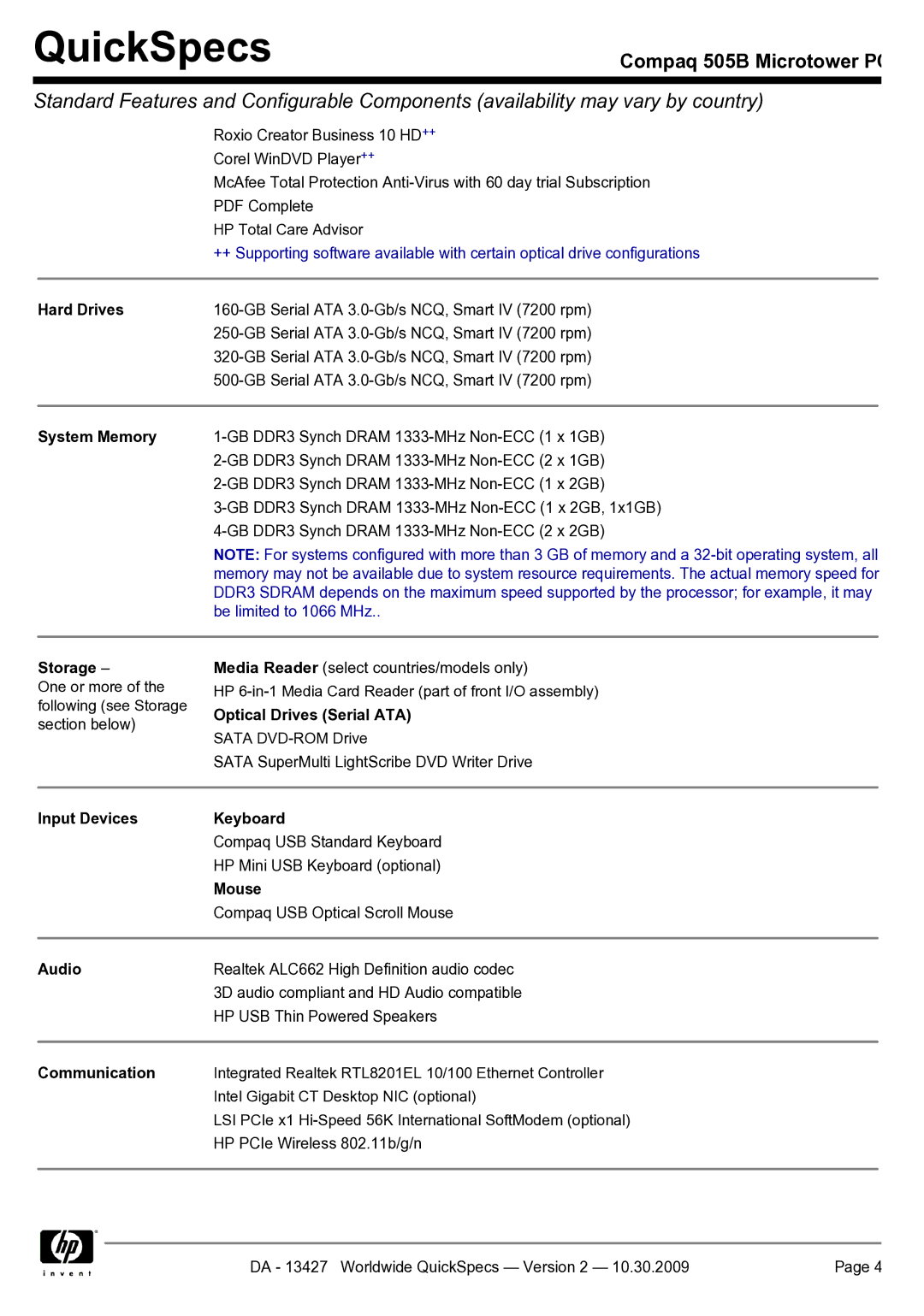 Compaq 505B manual Hard Drives, System Memory, Storage, Optical Drives Serial ATA, Input Devices Keyboard, Mouse, Audio 