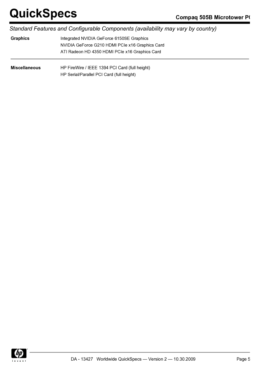 Compaq 505B manual Graphics, Miscellaneous 