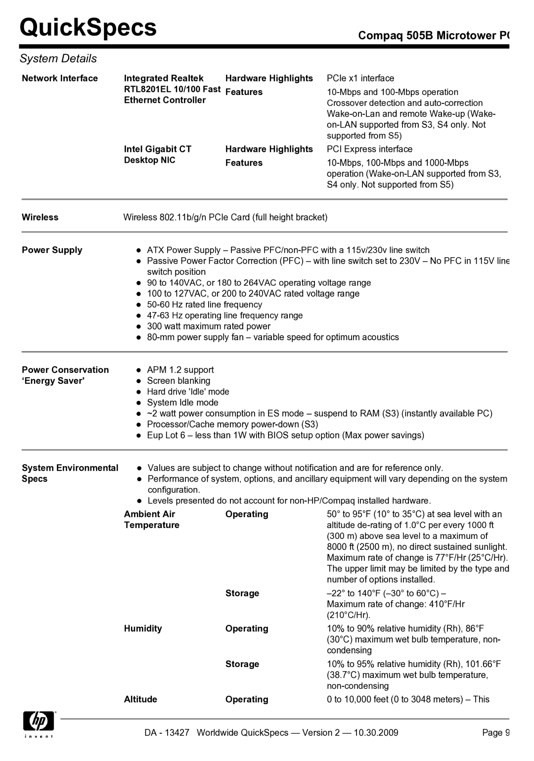 Compaq 505B Network Interface Integrated Realtek Hardware Highlights, RTL8201EL 10/100 Fast Features, Ethernet Controller 