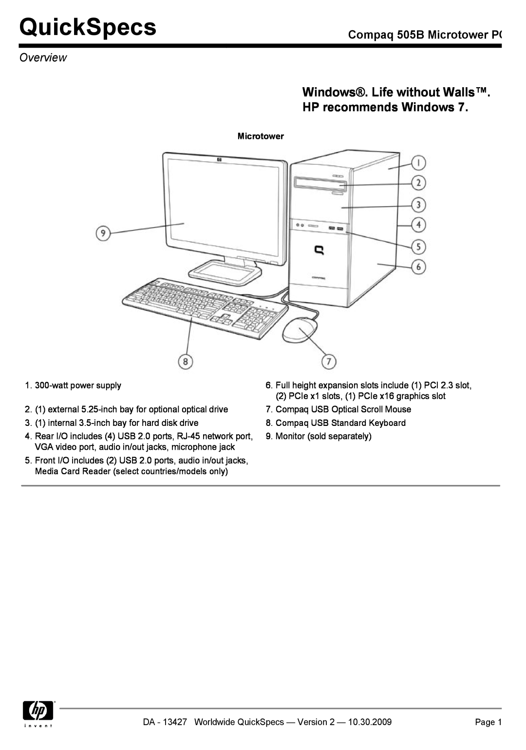 Compaq manual QuickSpecs, Windows. Life without Walls HP recommends Windows, Compaq 505B Microtower PC, Overview 