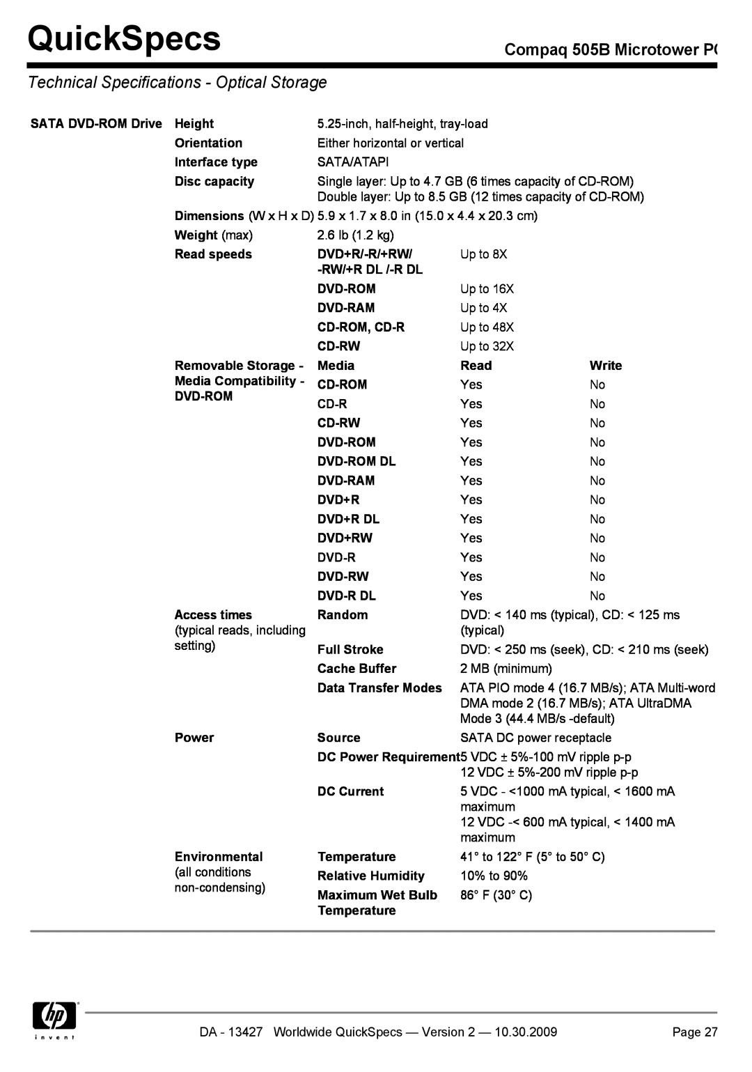 Compaq manual Technical Specifications - Optical Storage, QuickSpecs, Compaq 505B Microtower PC 