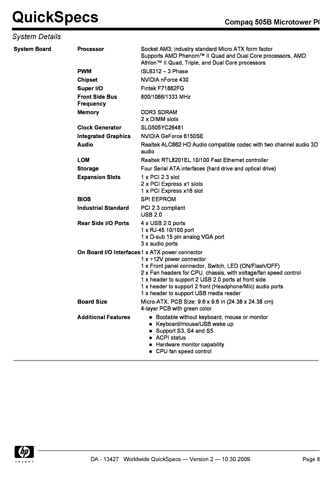 Compaq manual QuickSpecs, Compaq 505B Microtower PC, System Details 