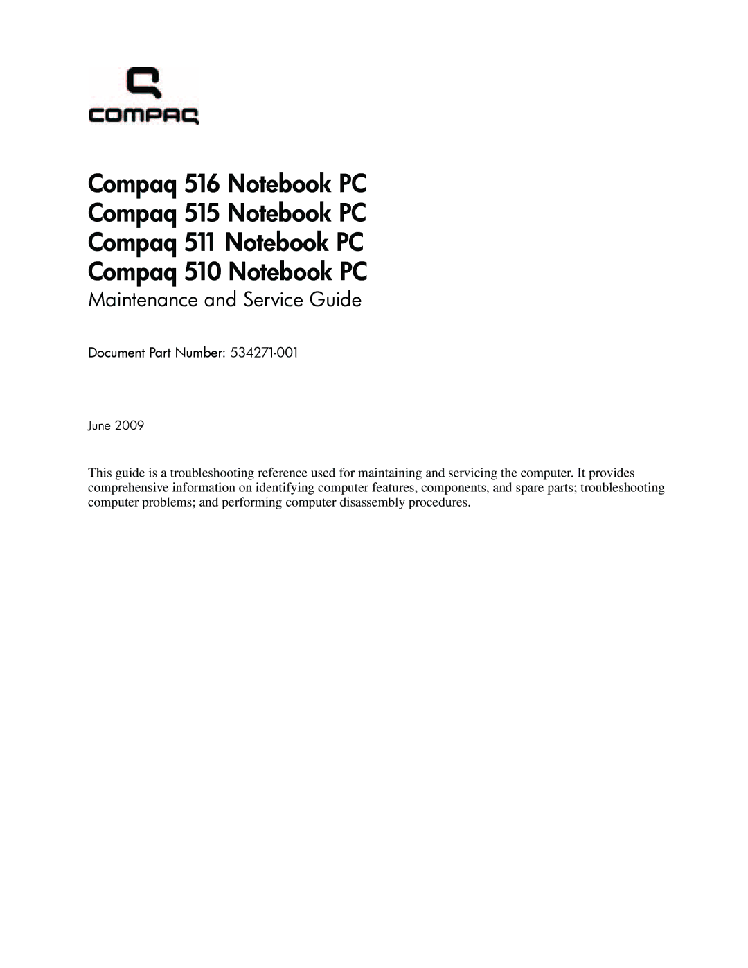 Compaq 510, 511, 515 manual Maintenance and Service Guide, Document Part Number 