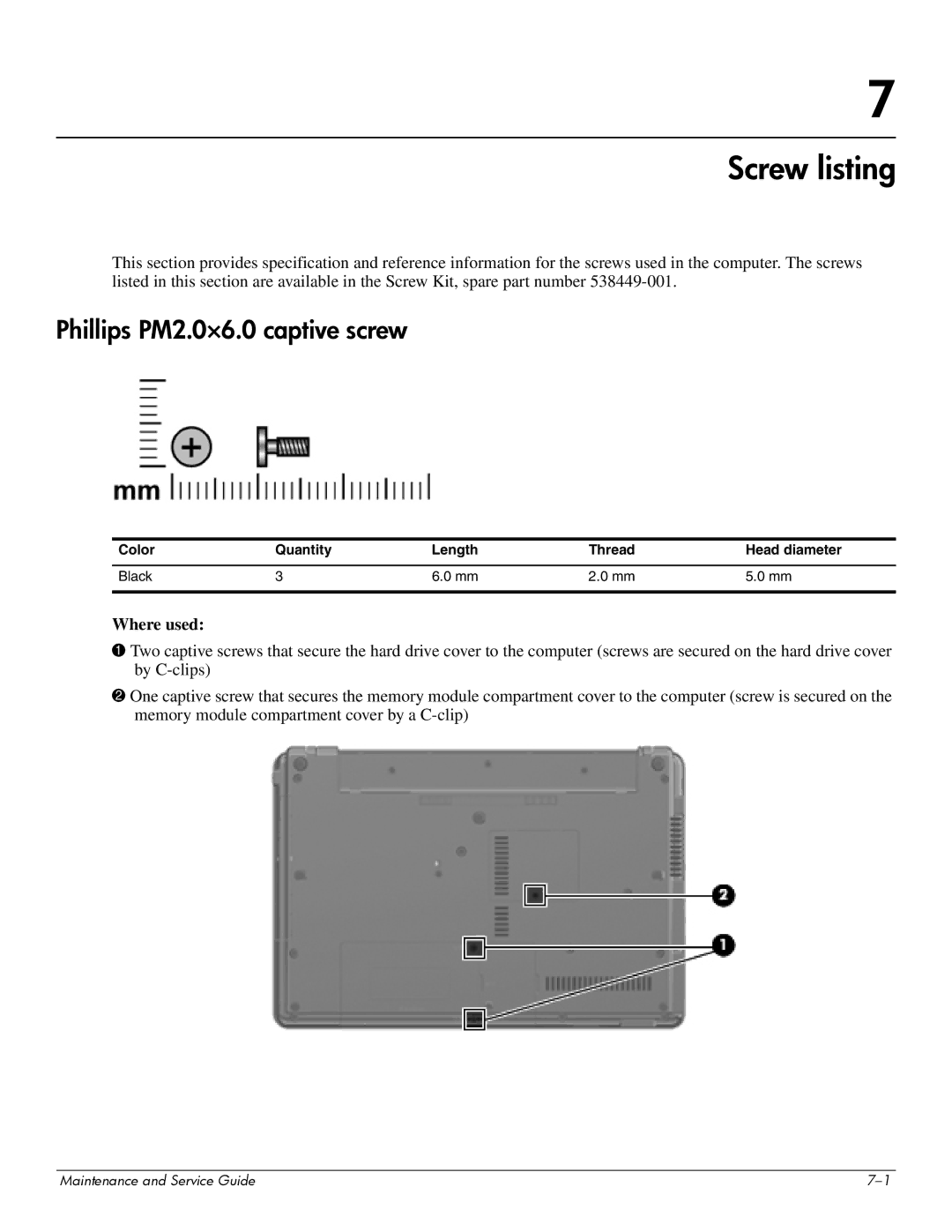 Compaq 511, 510, 515 manual Screw listing, Phillips PM2.0×6.0 captive screw, Color Quantity Length Thread Head diameter Black 