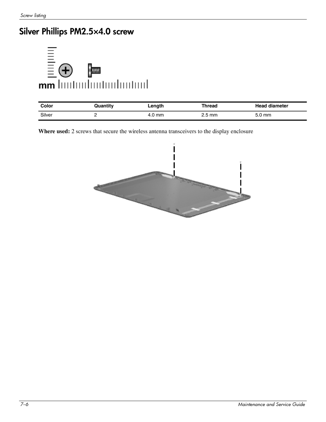 Compaq 515, 511, 510 manual Silver Phillips PM2.5×4.0 screw, Color Quantity Length Thread Head diameter Silver 