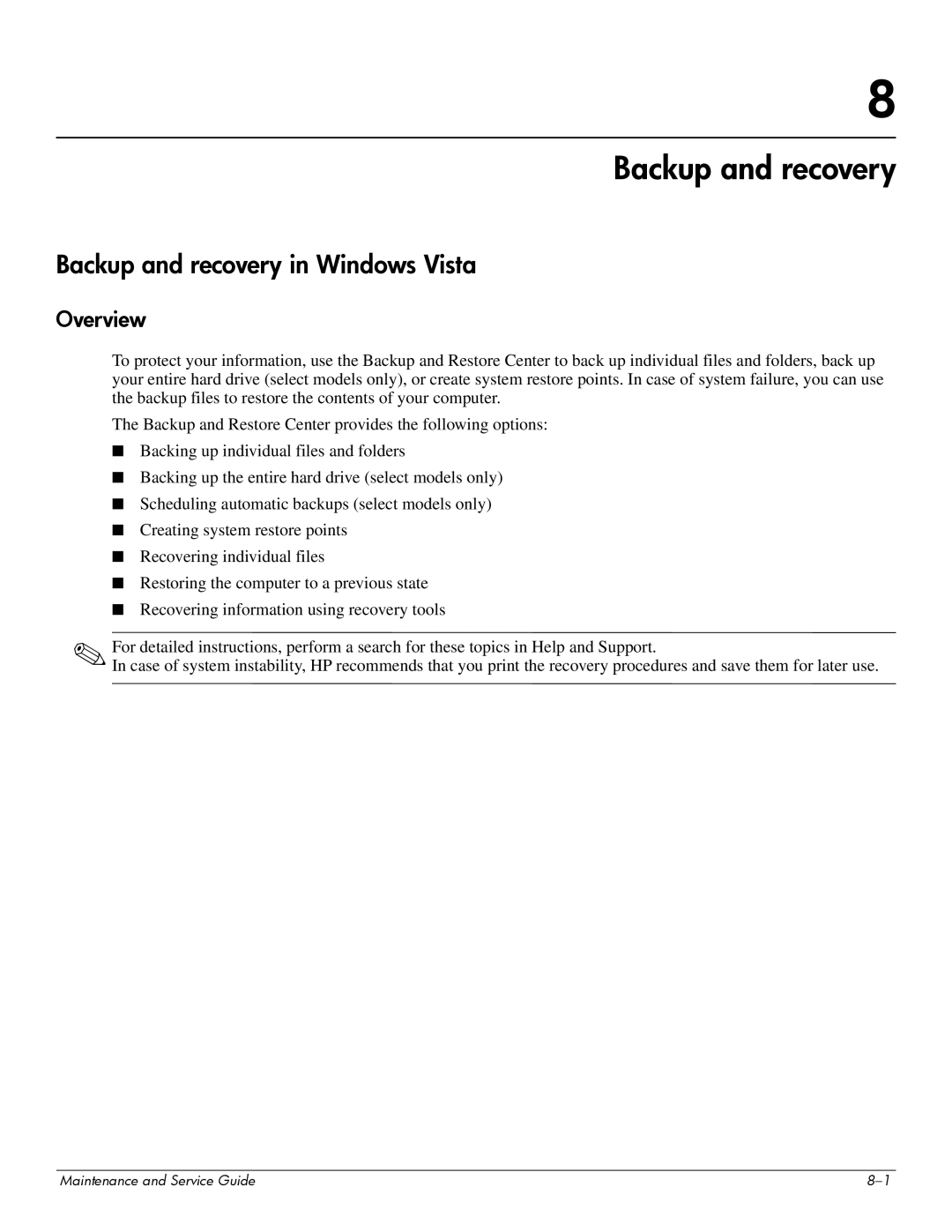 Compaq 515, 511, 510 manual Backup and recovery in Windows Vista, Overview 