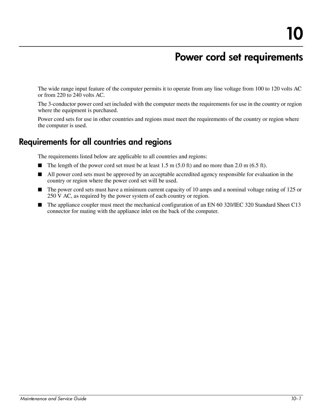 Compaq 511, 510, 515 manual Power cord set requirements, Requirements for all countries and regions 