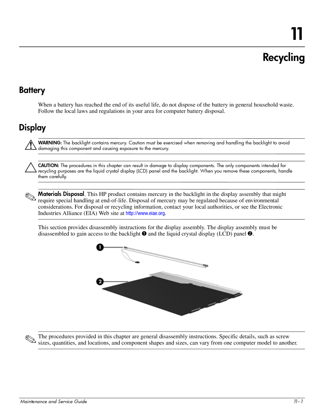 Compaq 515, 511, 510 manual Recycling, Battery, Display 