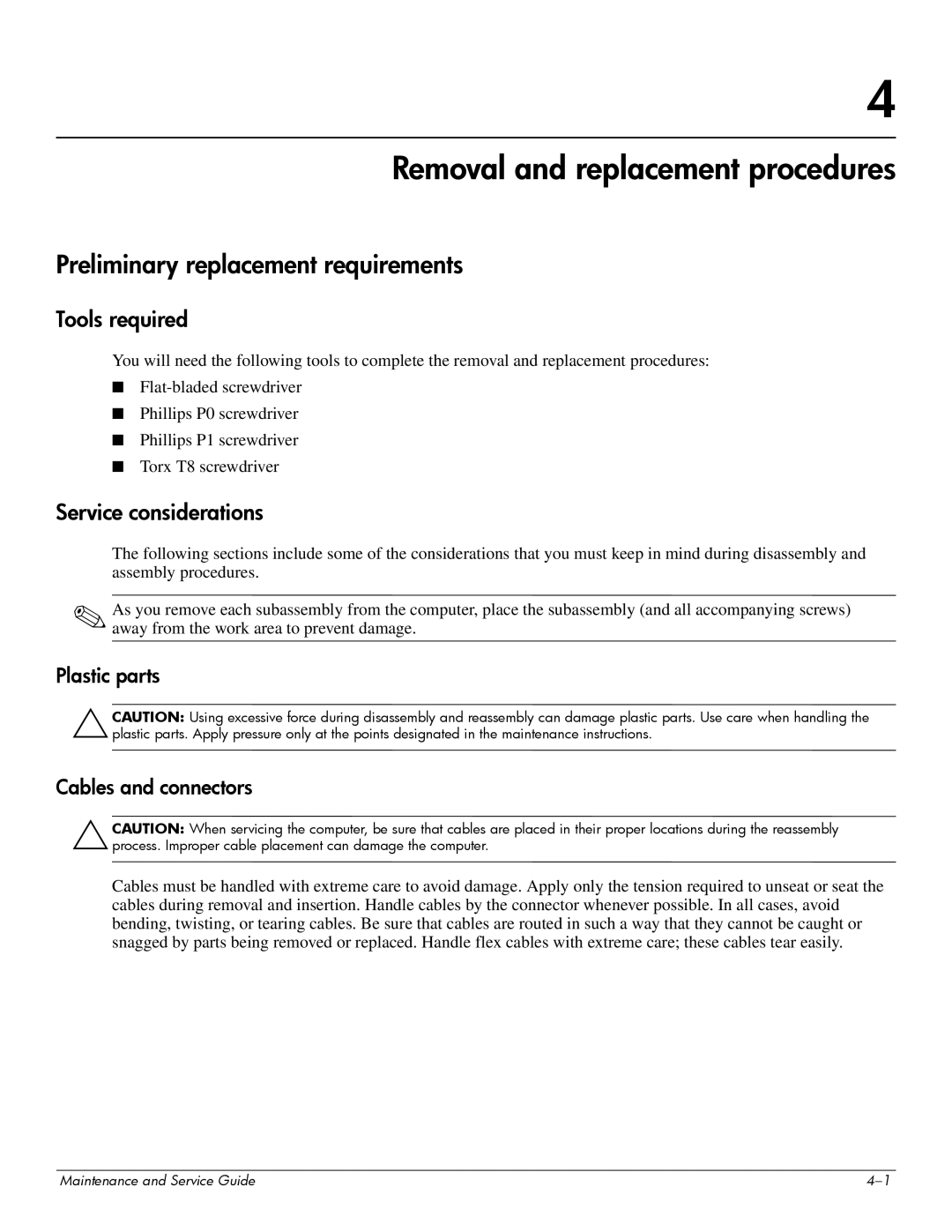 Compaq 515, 511, 510 manual Removal and replacement procedures, Preliminary replacement requirements, Tools required 