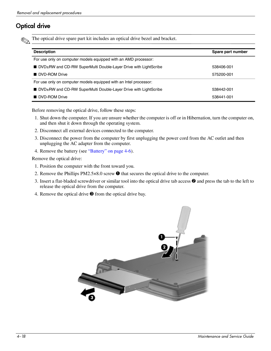 Compaq 510, 511, 515 manual Optical drive 