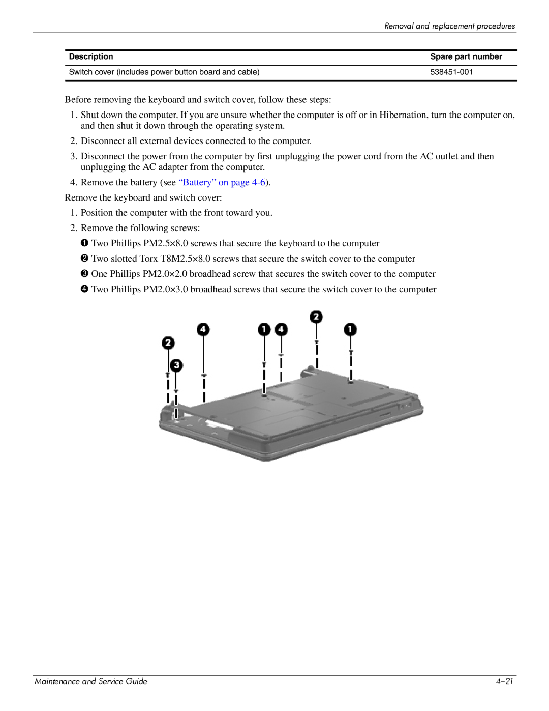 Compaq 510, 511, 515 manual Removal and replacement procedures 